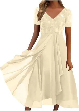 HGps8w Mother of The Bride Dresses for Women Flowy Lace Chiffon Dress Elegant Formal Evening Party Gown for Wedding