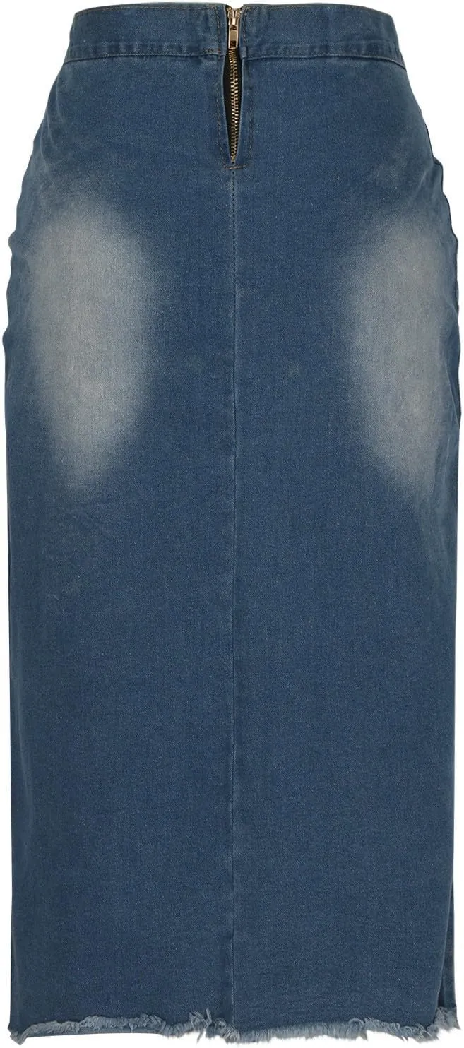 HGps8w Women's Laceup Slit Front Bodycon Denim Skirts, Vintage High Waisted Washed Casual Midi Skirt with Pockets