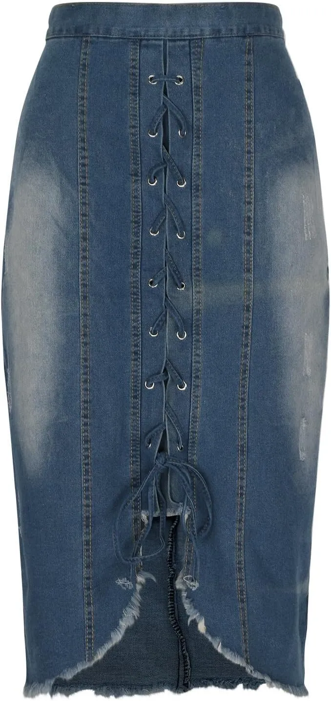 HGps8w Women's Laceup Slit Front Bodycon Denim Skirts, Vintage High Waisted Washed Casual Midi Skirt with Pockets