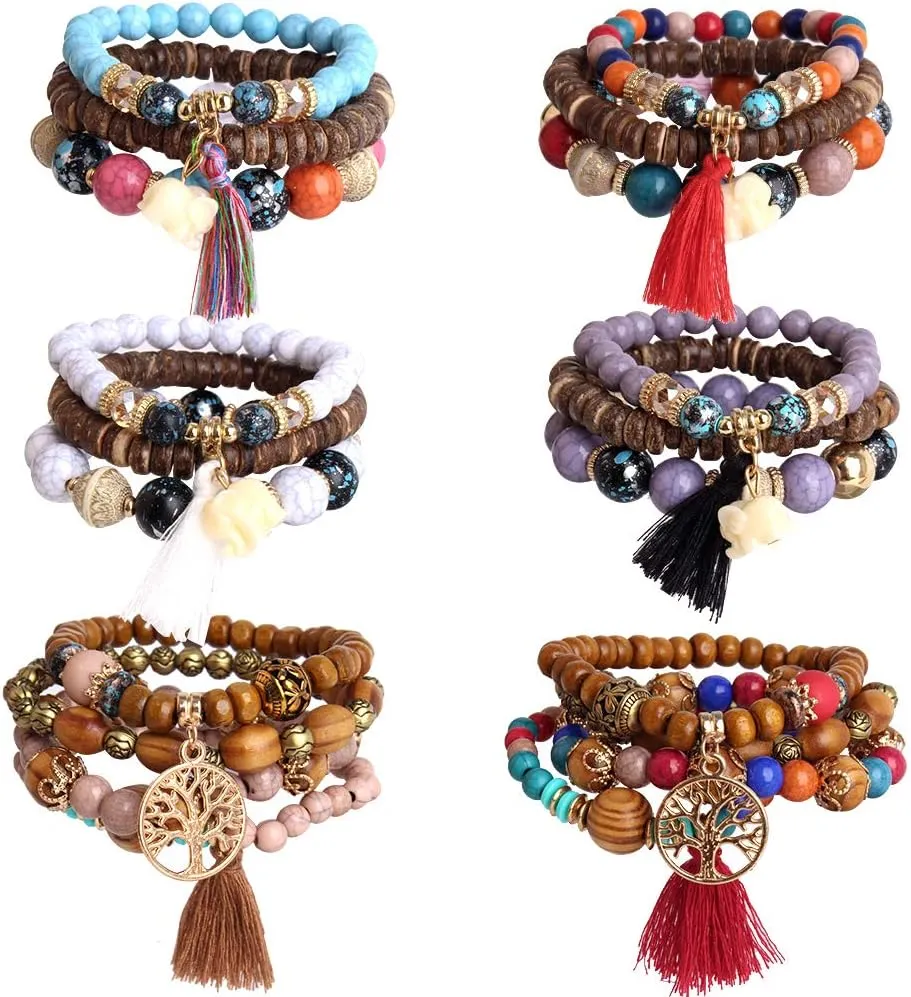 Hicdaw 6 Sets Stackable Bracelets for Women Colorful Bohemian Bracelets Hippie Jewelry Tassel Stretch Bracelet Set Gifts Bracelets for Women Beaded Bracelet