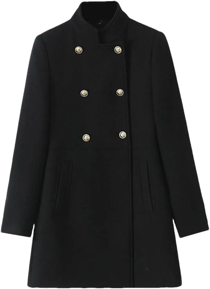 Hndudnff Women Solid Double Breasted Trench Coats With Pocket Pea Coats Vintage High Neck Long Coats