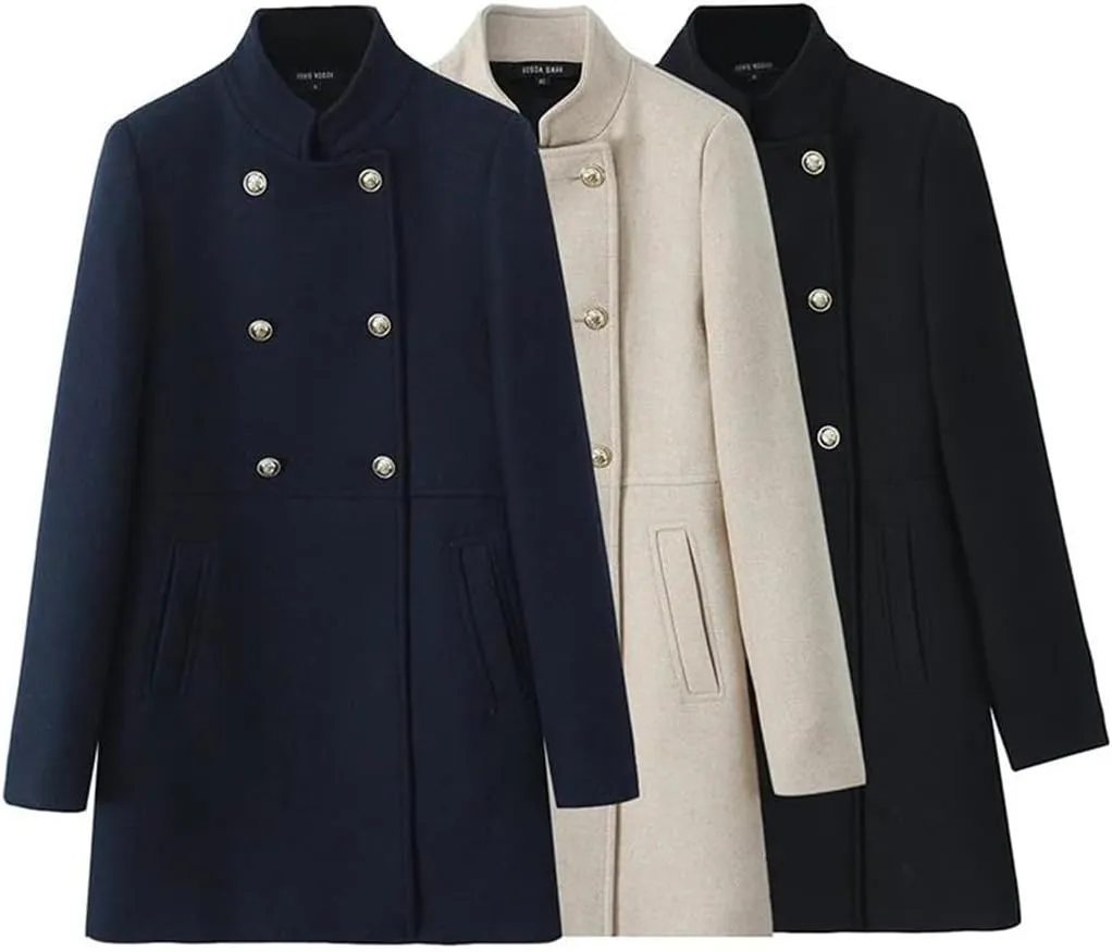Hndudnff Women Solid Double Breasted Trench Coats With Pocket Pea Coats Vintage High Neck Long Coats