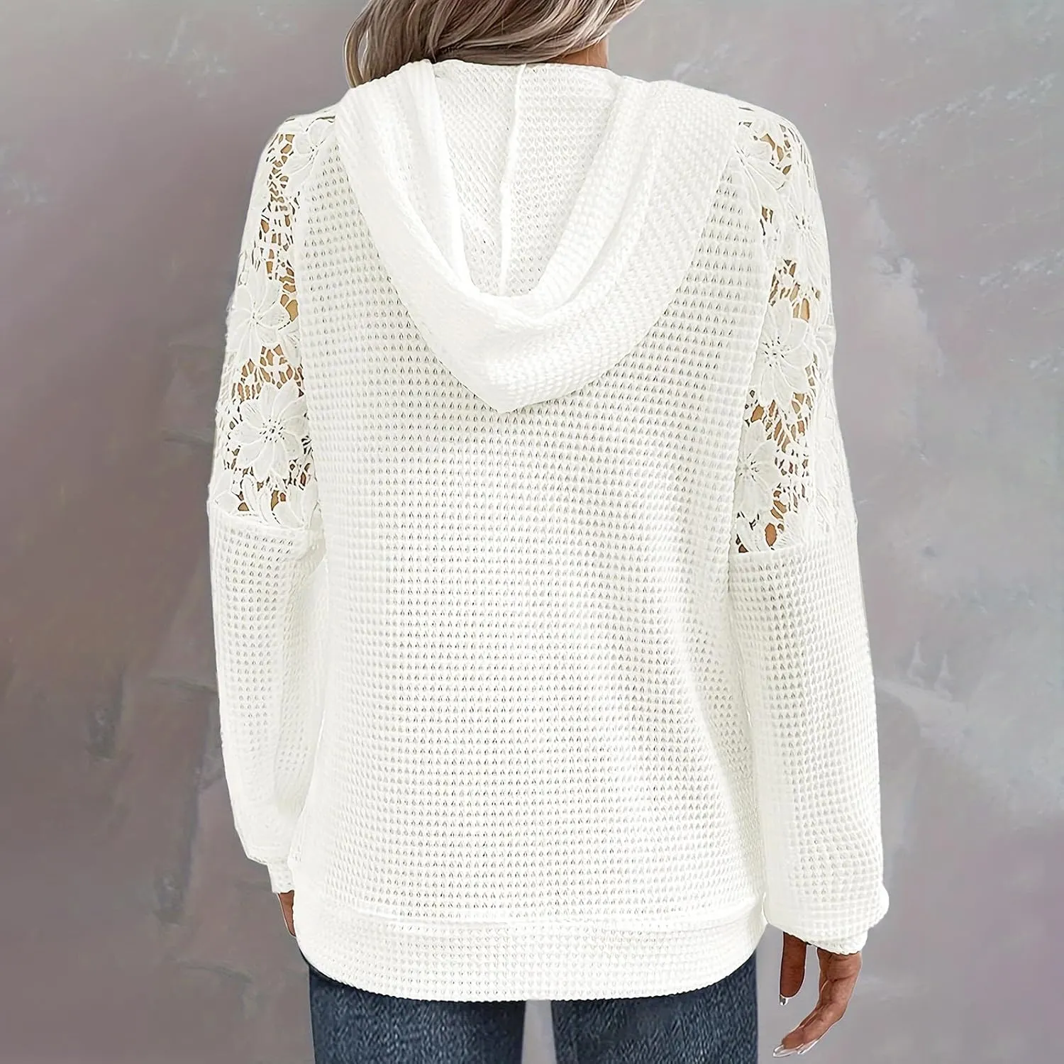 Hollow Out Lace Crochet Long Sleeve Sweatshirt 2024 Women Waffle Patchwork Solid Hoodies Fashion Sexy Elegant Tops