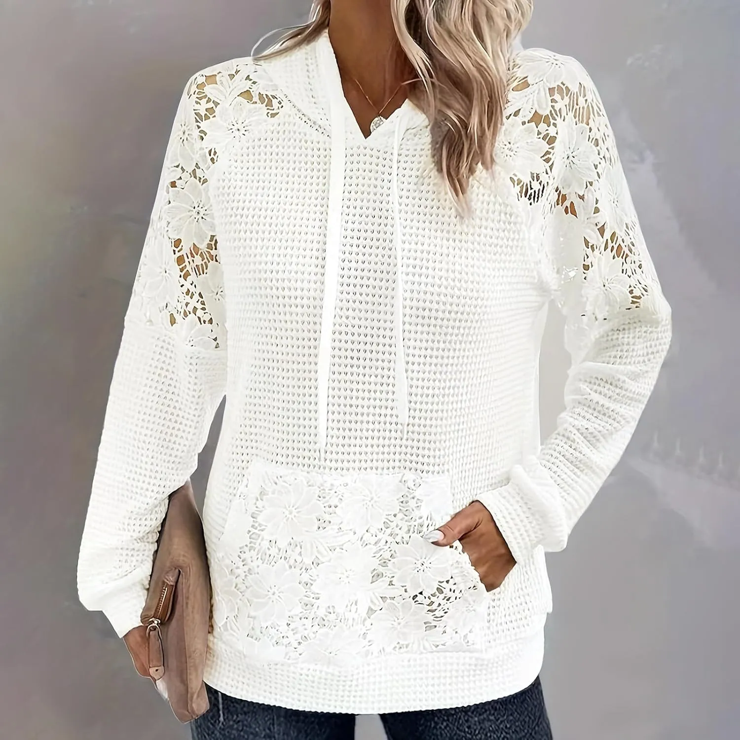 Hollow Out Lace Crochet Long Sleeve Sweatshirt 2024 Women Waffle Patchwork Solid Hoodies Fashion Sexy Elegant Tops