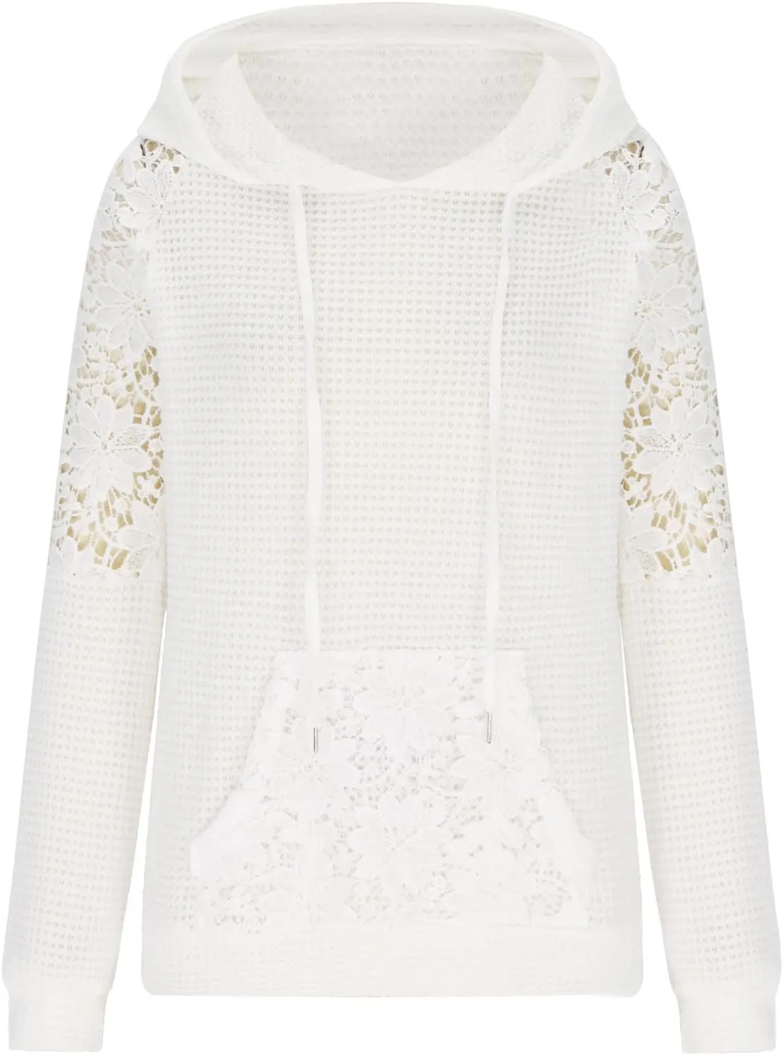 Hollow Out Lace Crochet Long Sleeve Sweatshirt 2024 Women Waffle Patchwork Solid Hoodies Fashion Sexy Elegant Tops
