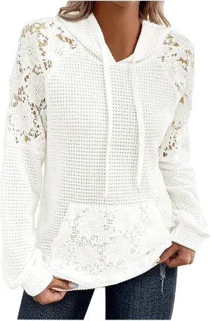 Hollow Out Lace Crochet Long Sleeve Sweatshirt 2024 Women Waffle Patchwork Solid Hoodies Fashion Sexy Elegant Tops