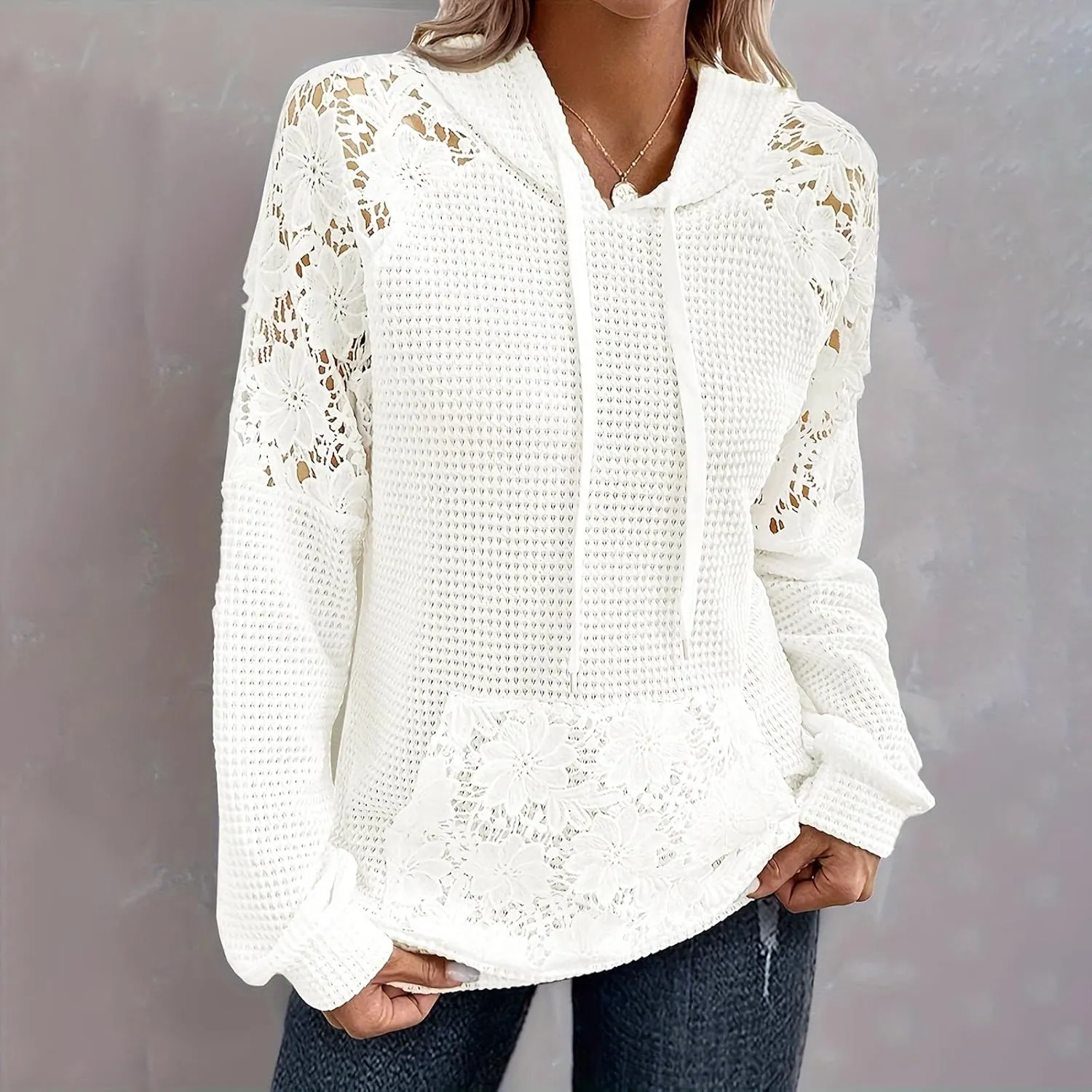 Hollow Out Lace Crochet Long Sleeve Sweatshirt 2024 Women Waffle Patchwork Solid Hoodies Fashion Sexy Elegant Tops