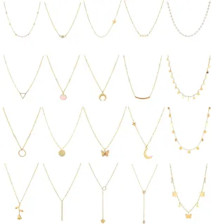 Honsny 20PCS 14K Gold Plated Choker Necklaces for Women, Dainty Gold Diamond Coin Pearl Pendant Simple Chain Necklace Set Cute Gold Layered Necklaces for Women Teen Jewelry Gifts
