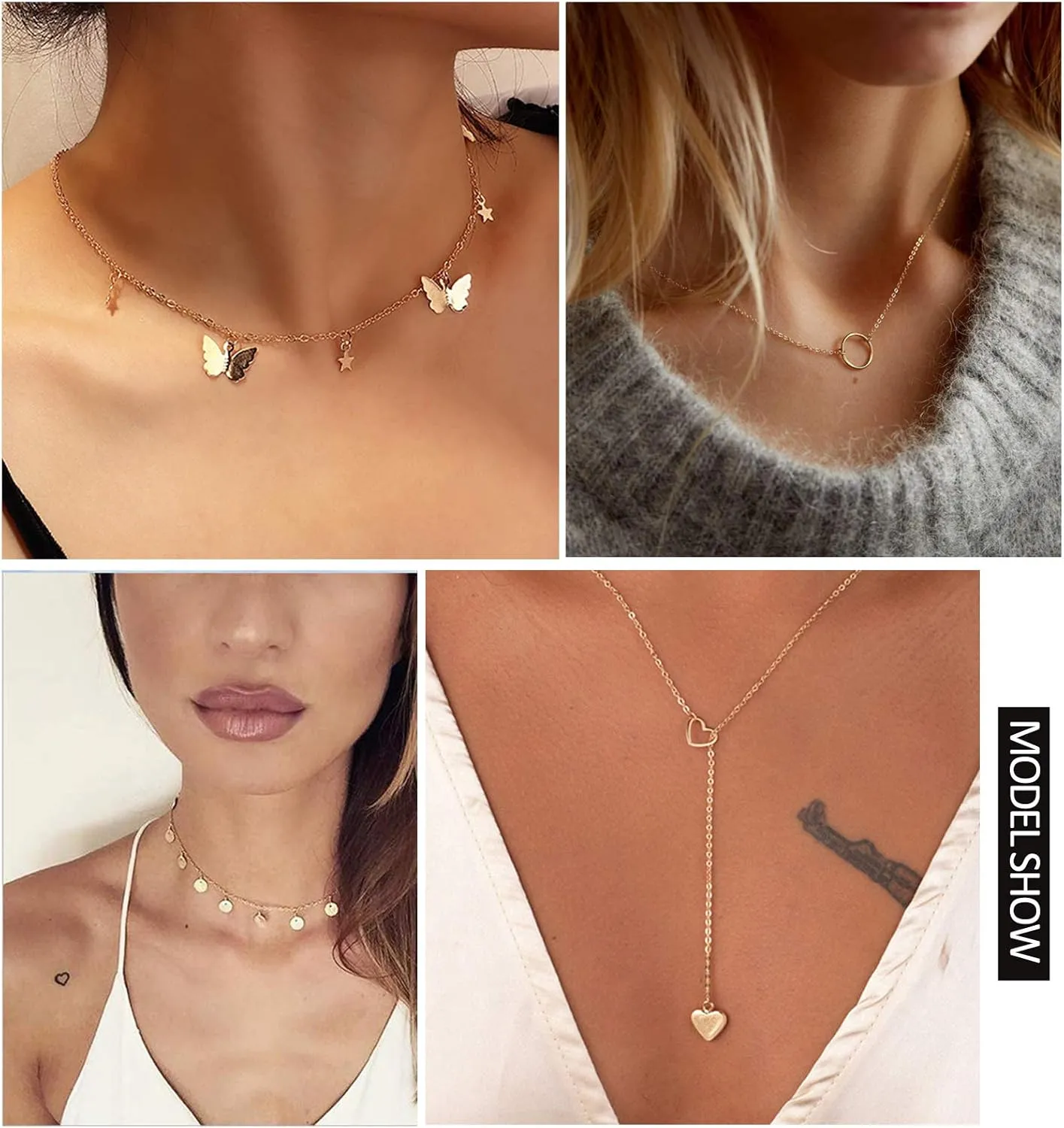 Honsny 20PCS 14K Gold Plated Choker Necklaces for Women, Dainty Gold Diamond Coin Pearl Pendant Simple Chain Necklace Set Cute Gold Layered Necklaces for Women Teen Jewelry Gifts