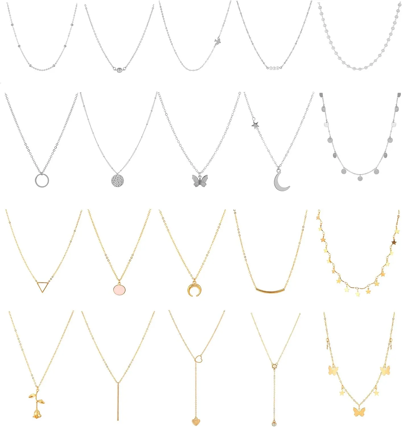 Honsny 20PCS 14K Gold Plated Choker Necklaces for Women, Dainty Gold Diamond Coin Pearl Pendant Simple Chain Necklace Set Cute Gold Layered Necklaces for Women Teen Jewelry Gifts