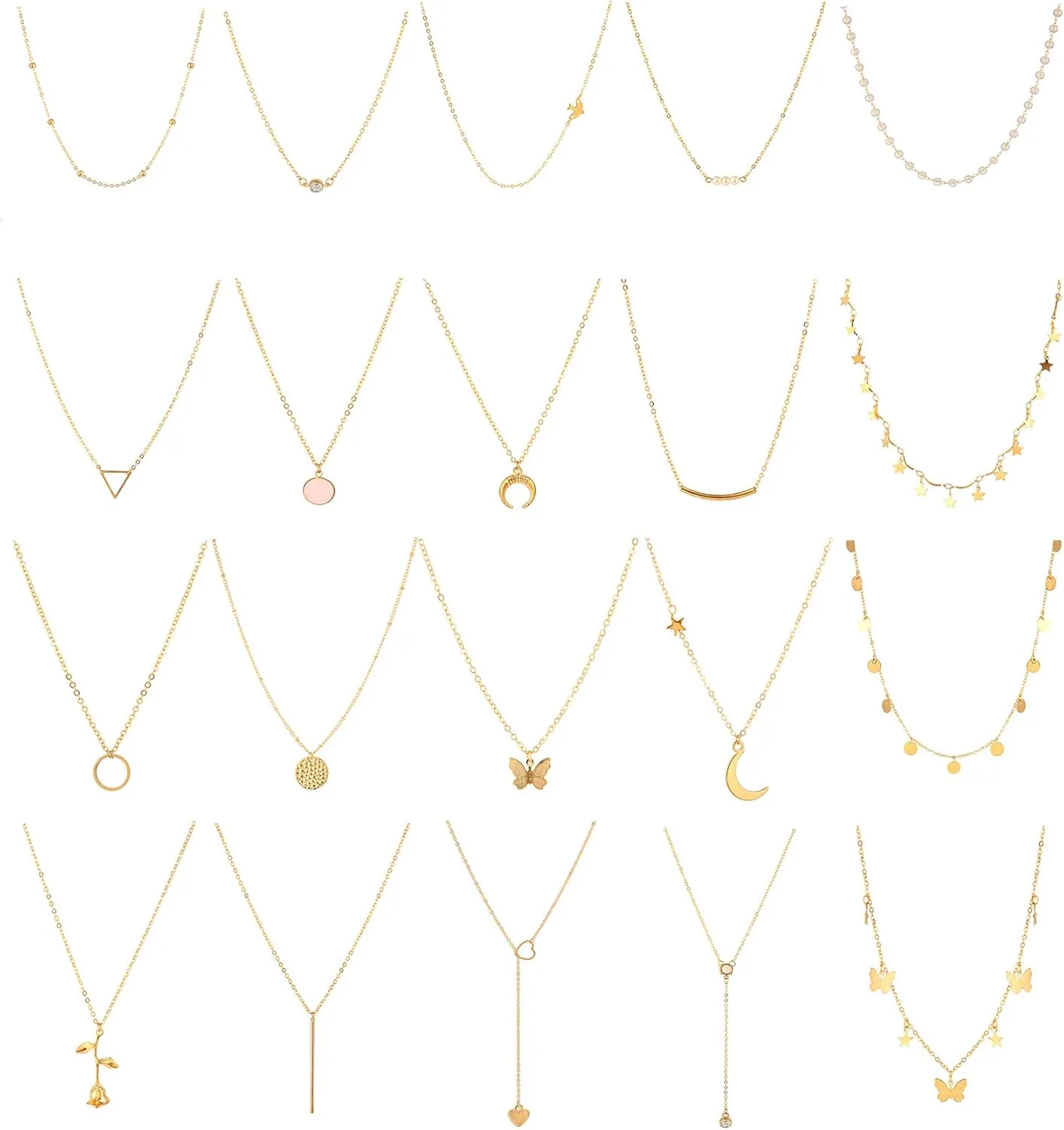 Honsny 20PCS 14K Gold Plated Choker Necklaces for Women, Dainty Gold Diamond Coin Pearl Pendant Simple Chain Necklace Set Cute Gold Layered Necklaces for Women Teen Jewelry Gifts