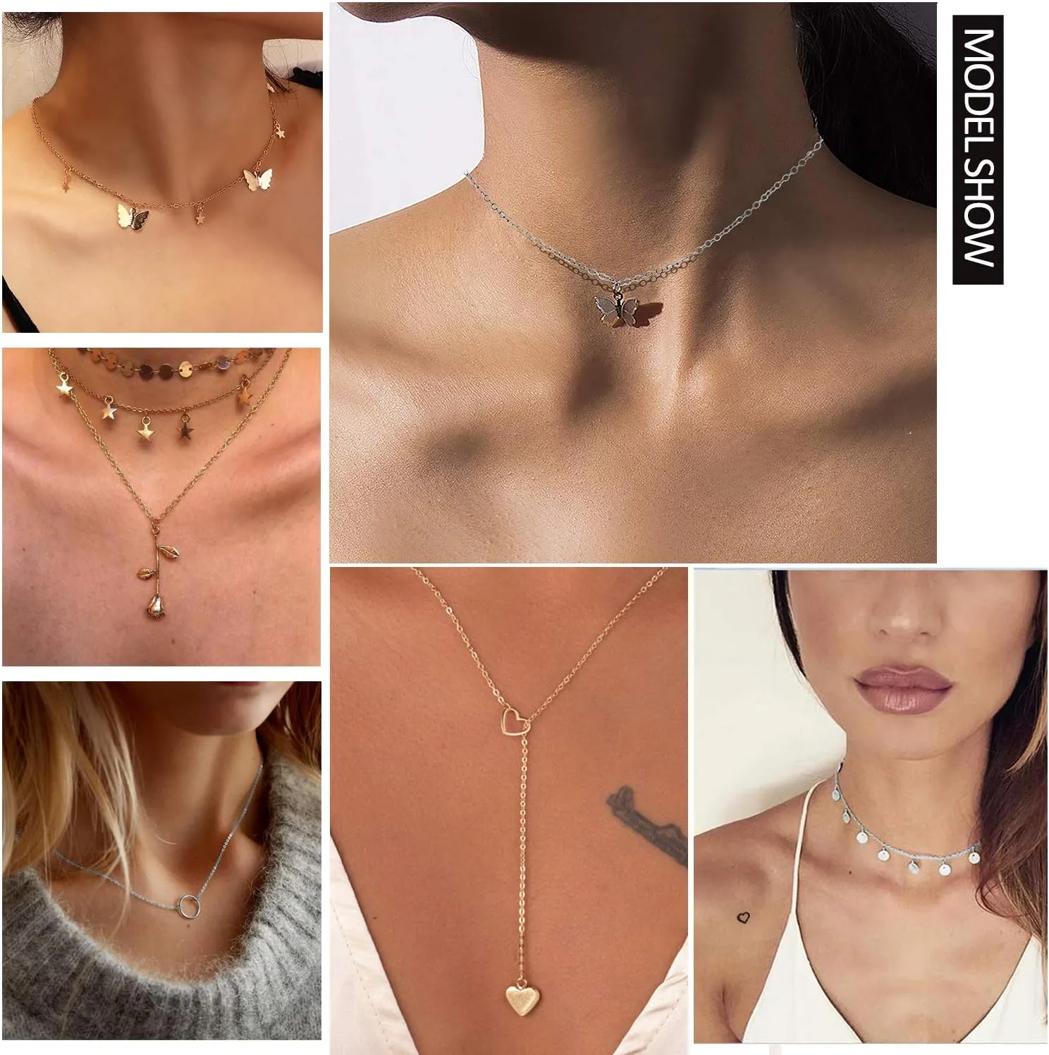 Honsny 20PCS 14K Gold Plated Choker Necklaces for Women, Dainty Gold Diamond Coin Pearl Pendant Simple Chain Necklace Set Cute Gold Layered Necklaces for Women Teen Jewelry Gifts