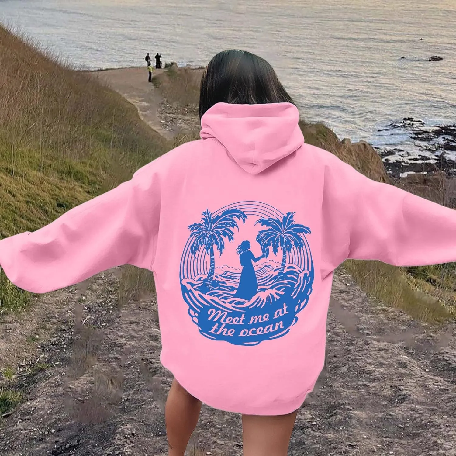 Hoodie for Women Meet Me at The Ocean Oversized Preppy Graphic Sweatshirt Teen Girls Cute Y2K Casual Pullover Tops