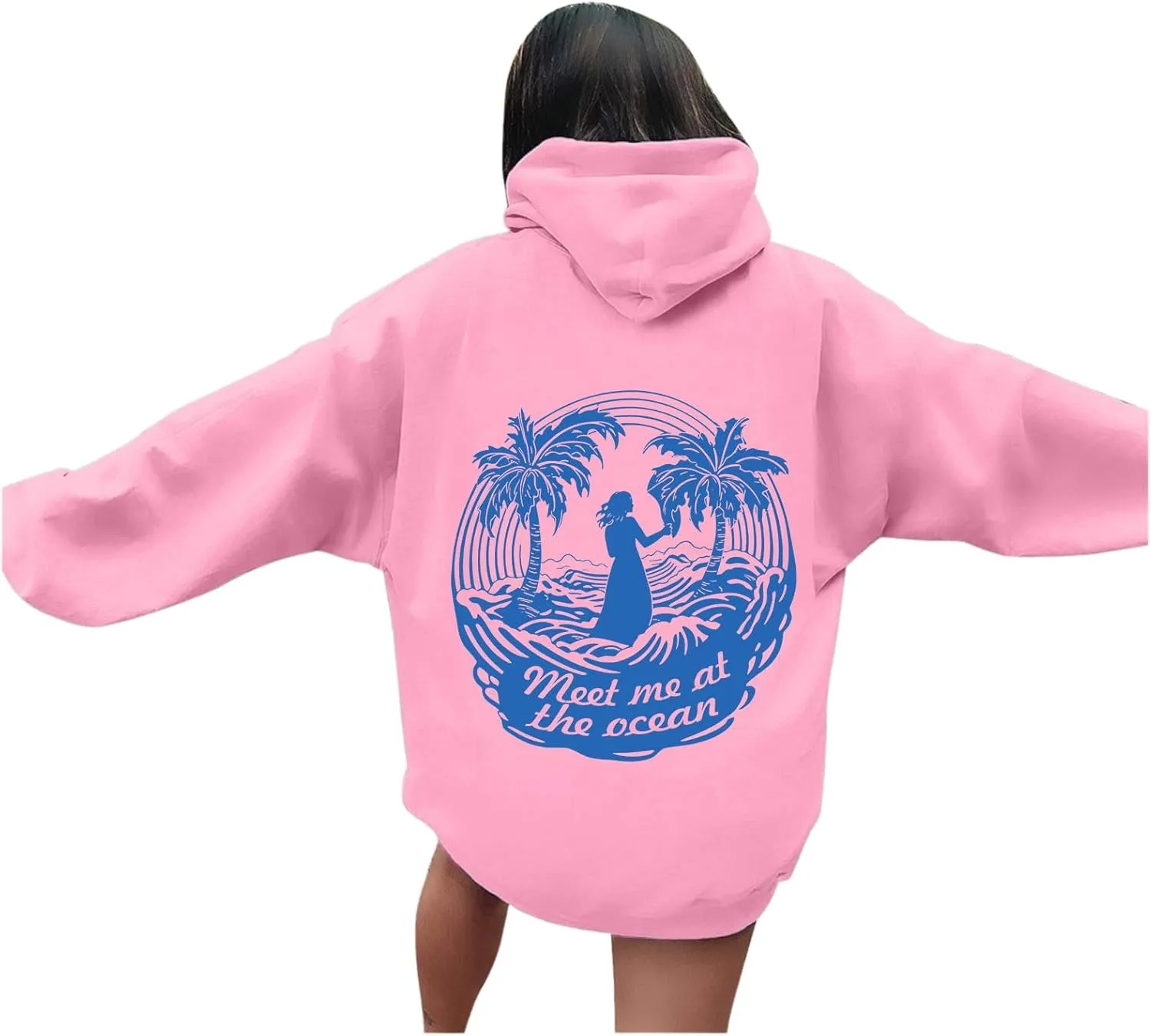 Hoodie for Women Meet Me at The Ocean Oversized Preppy Graphic Sweatshirt Teen Girls Cute Y2K Casual Pullover Tops