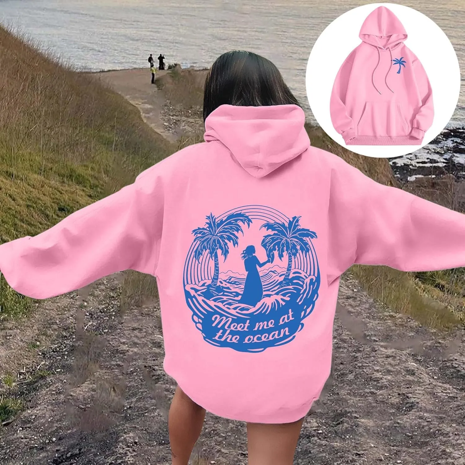 Hoodie for Women Meet Me at The Ocean Oversized Preppy Graphic Sweatshirt Teen Girls Cute Y2K Casual Pullover Tops