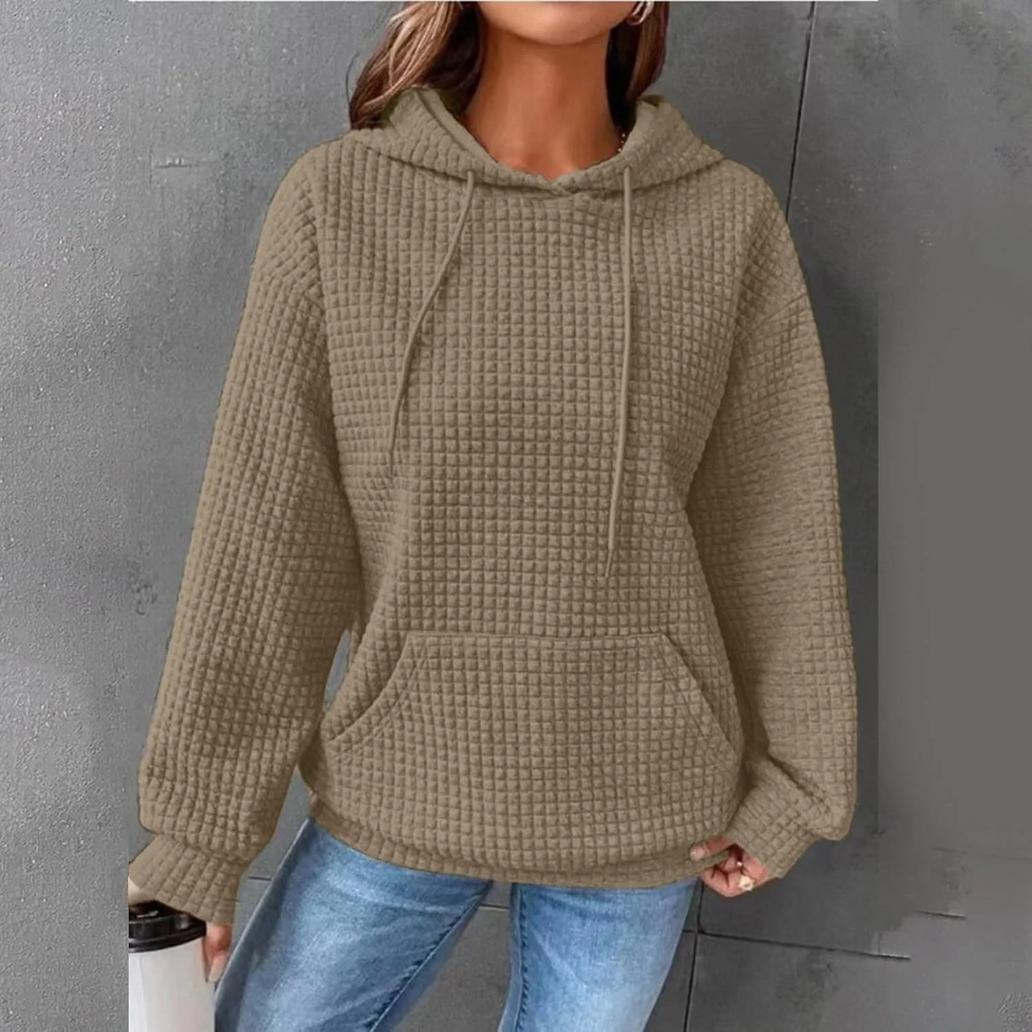 Hoodies for Women Trendy Waffle Knit Drawstring Pullover Sweatshirts Casual Loose Fit Cute Hoodie Comfy Fall Sweater