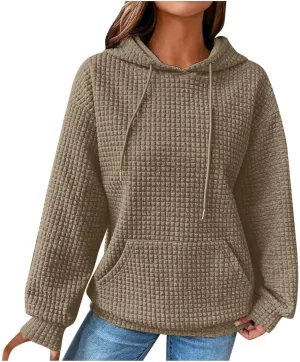 Hoodies for Women Trendy Waffle Knit Drawstring Pullover Sweatshirts Casual Loose Fit Cute Hoodie Comfy Fall Sweater