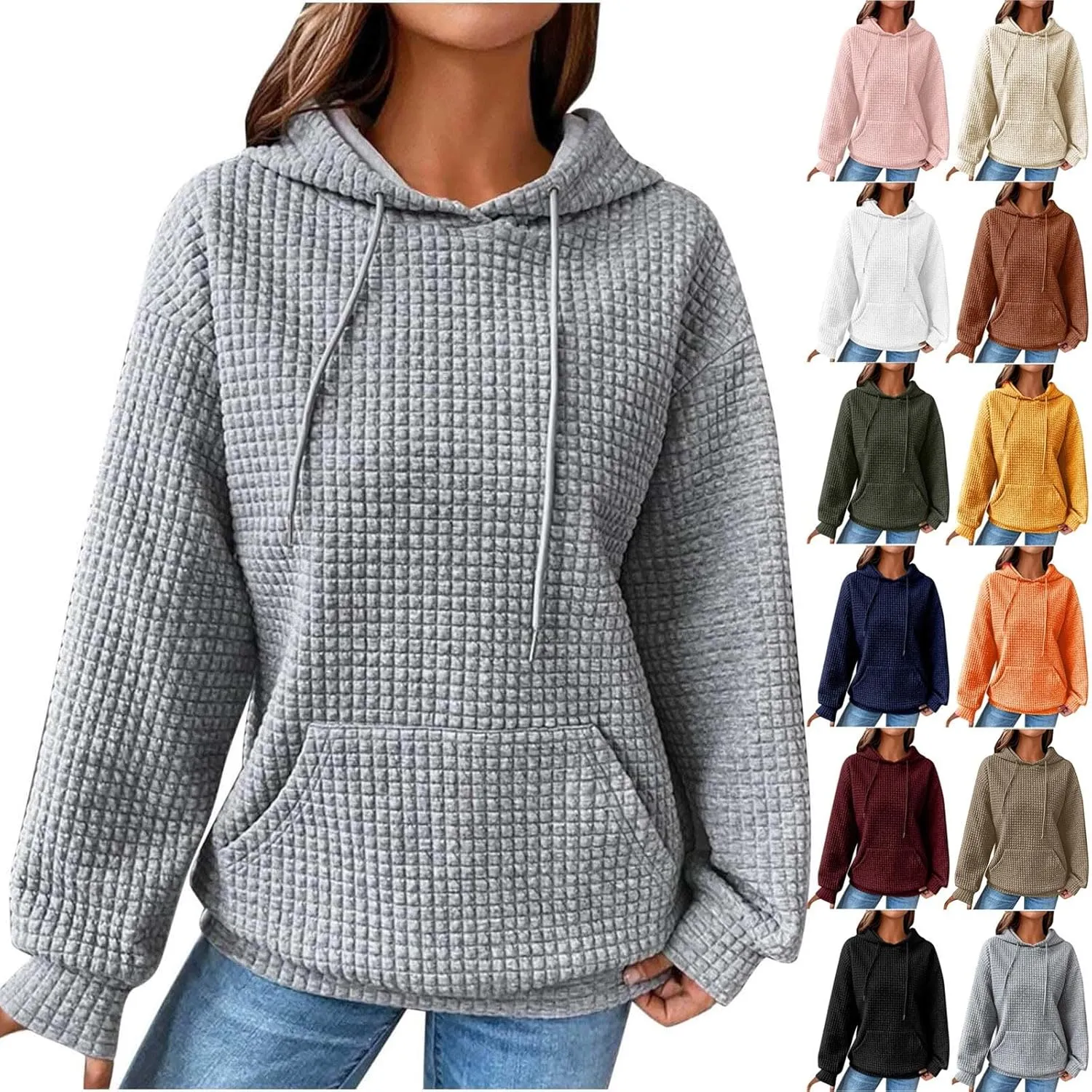 Hoodies for Women Trendy Waffle Knit Drawstring Pullover Sweatshirts Casual Loose Fit Cute Hoodie Comfy Fall Sweater