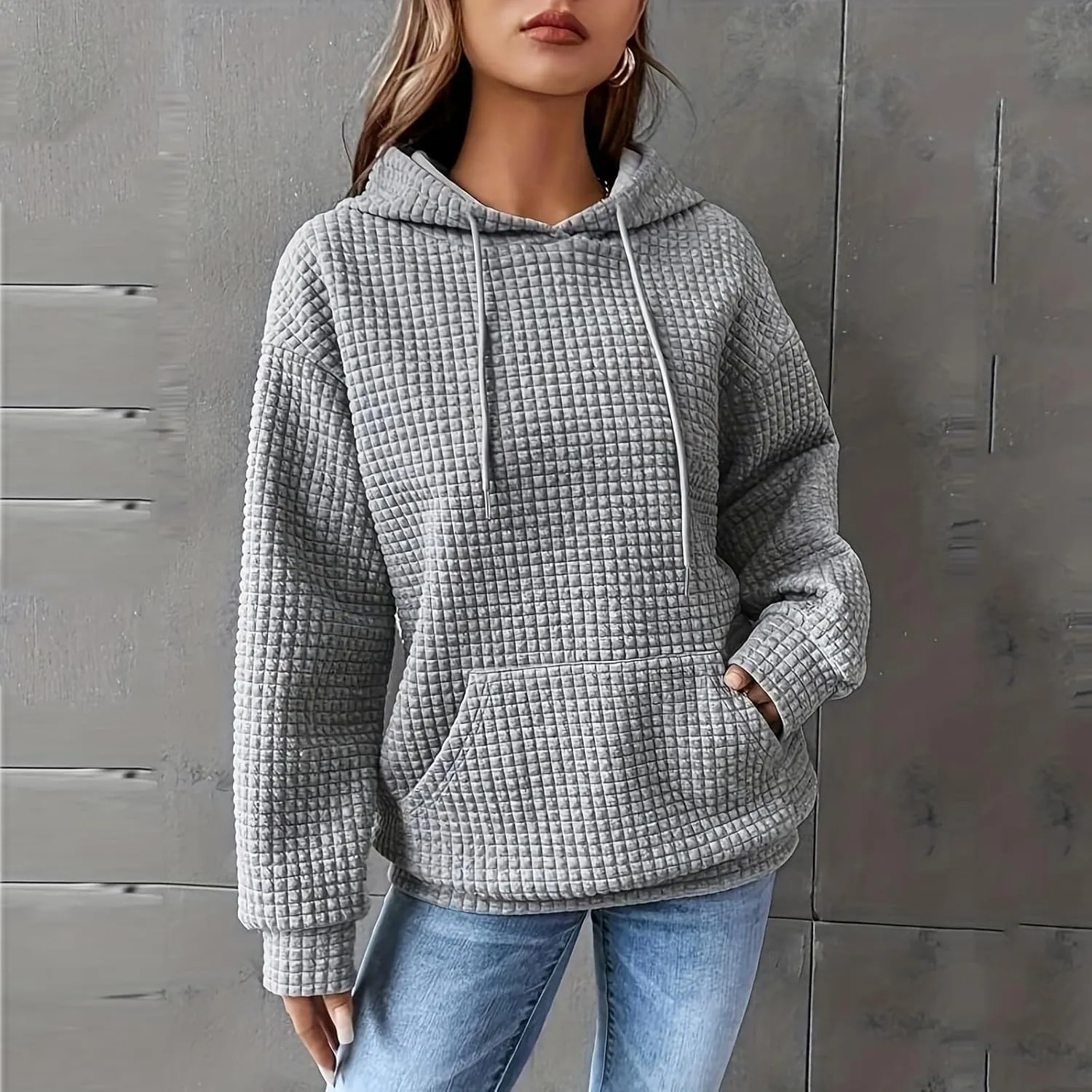 Hoodies for Women Trendy Waffle Knit Drawstring Pullover Sweatshirts Casual Loose Fit Cute Hoodie Comfy Fall Sweater