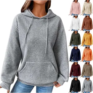 Hoodies for Women Trendy Waffle Knit Drawstring Pullover Sweatshirts Casual Loose Fit Cute Hoodie Comfy Fall Sweater