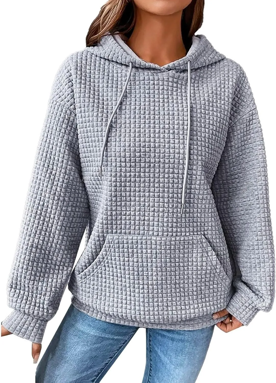 Hoodies for Women Trendy Waffle Knit Drawstring Pullover Sweatshirts Casual Loose Fit Cute Hoodie Comfy Fall Sweater