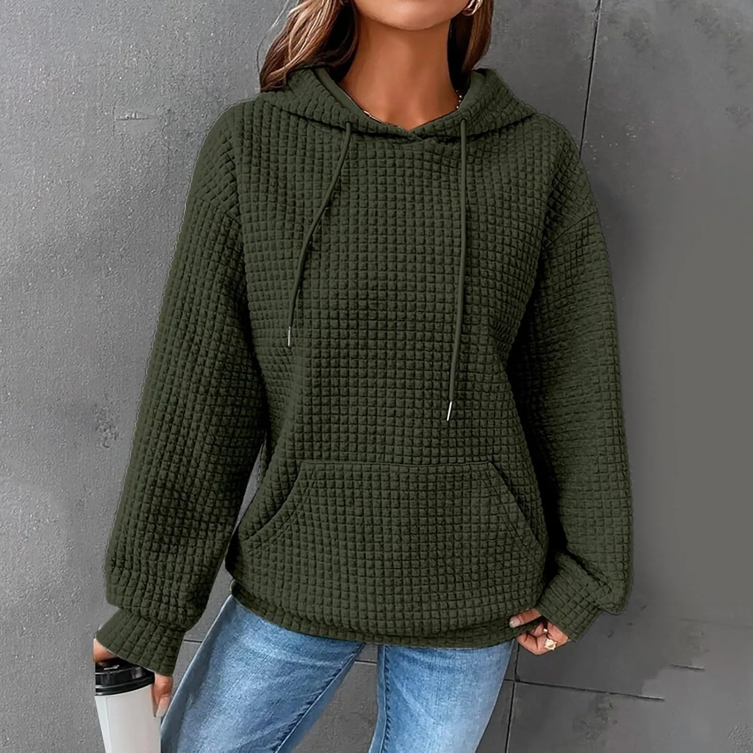 Hoodies for Women Trendy Waffle Knit Drawstring Pullover Sweatshirts Casual Loose Fit Cute Hoodie Comfy Fall Sweater