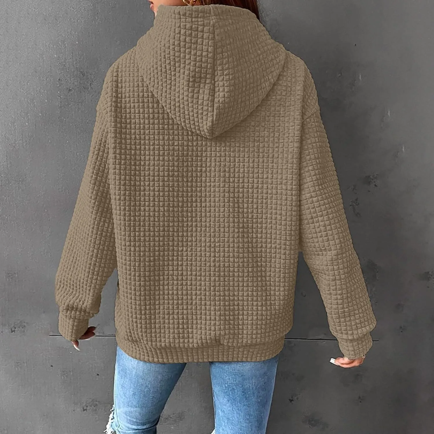 Hoodies for Women Trendy Waffle Knit Drawstring Pullover Sweatshirts Casual Loose Fit Cute Hoodie Comfy Fall Sweater