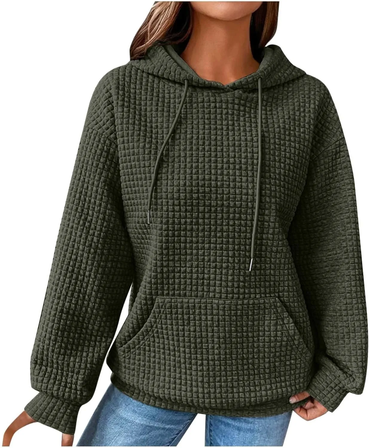 Hoodies for Women Trendy Waffle Knit Drawstring Pullover Sweatshirts Casual Loose Fit Cute Hoodie Comfy Fall Sweater