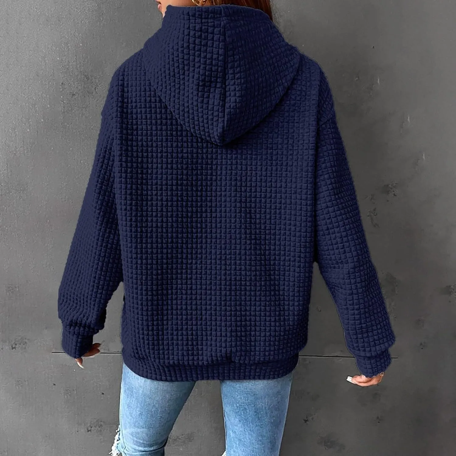 Hoodies for Women Trendy Waffle Knit Drawstring Pullover Sweatshirts Casual Loose Fit Cute Hoodie Comfy Fall Sweater