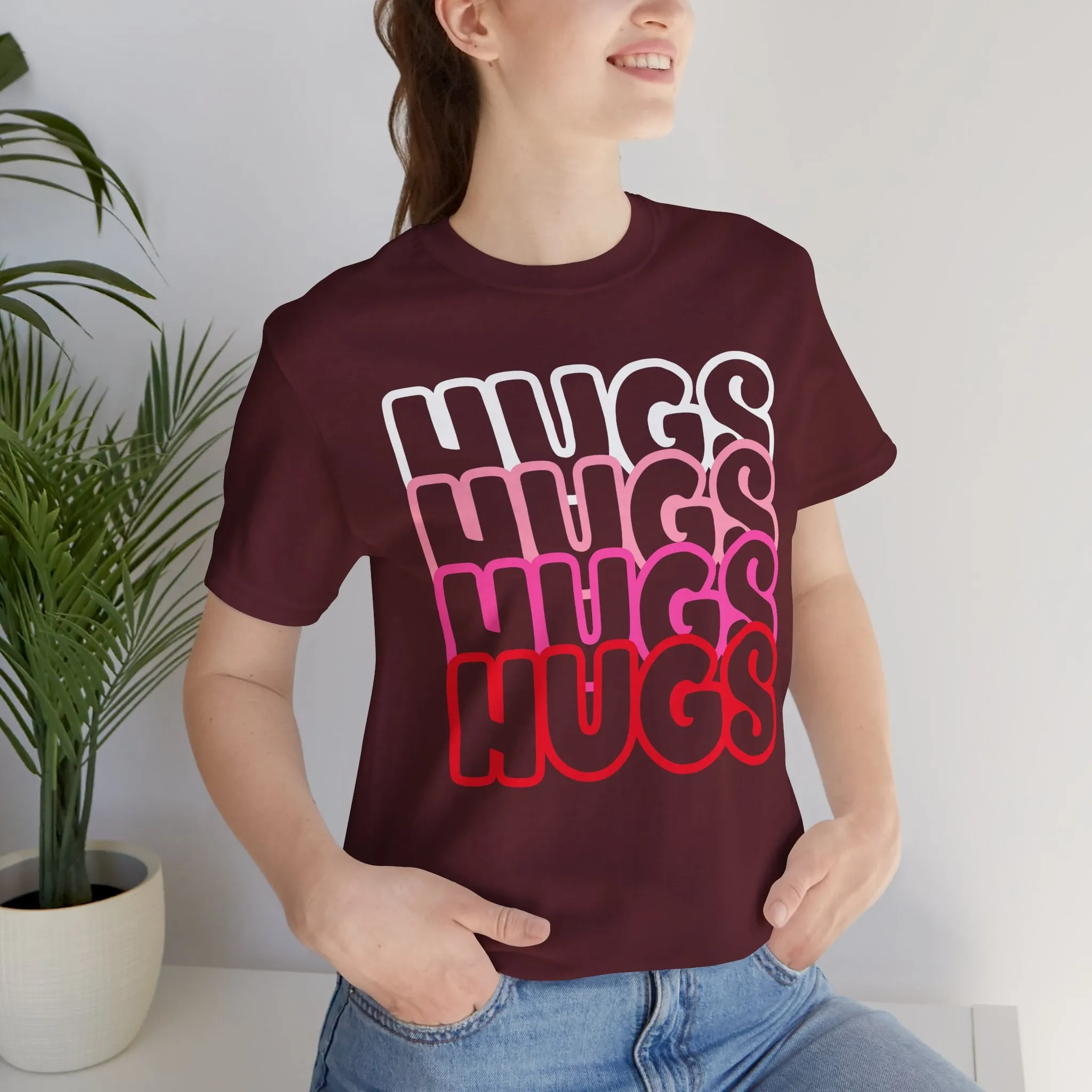 Hugs Repeat Tee, Red Pink Bold Outline Font T-Shirt, Heart Pattern Shirt, Valentine's Day Graphic Top, Unisex Jersey Short Sleeve Tee