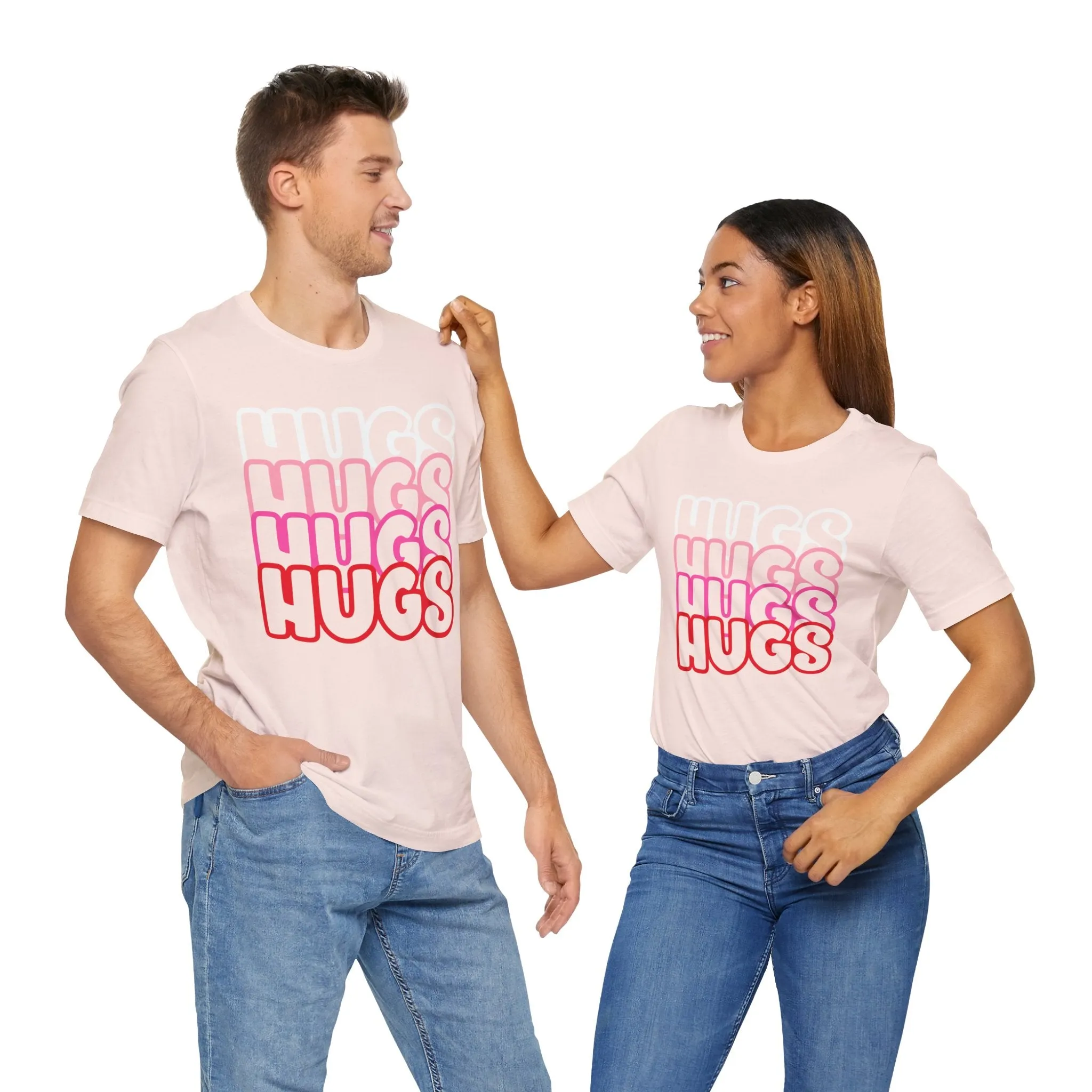 Hugs Repeat Tee, Red Pink Bold Outline Font T-Shirt, Heart Pattern Shirt, Valentine's Day Graphic Top, Unisex Jersey Short Sleeve Tee