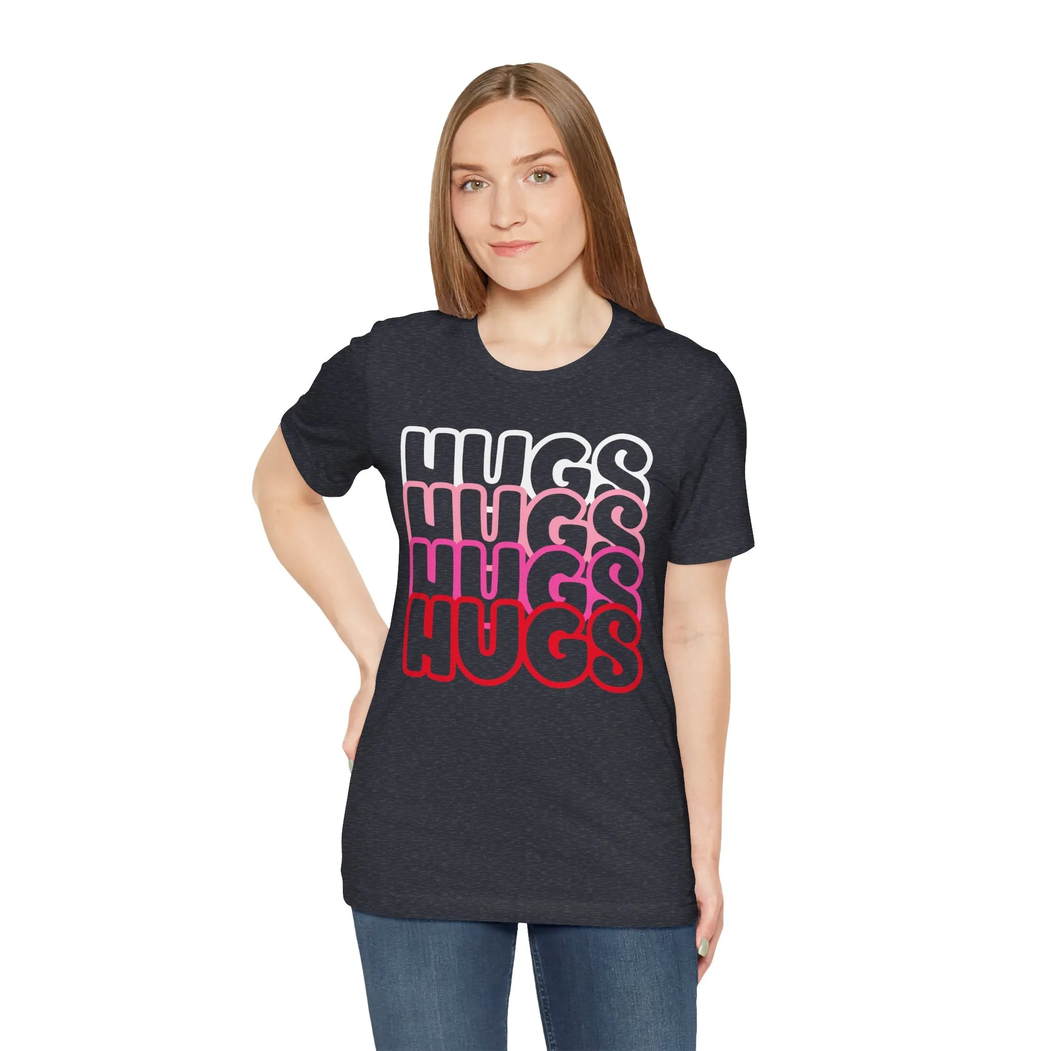 Hugs Repeat Tee, Red Pink Bold Outline Font T-Shirt, Heart Pattern Shirt, Valentine's Day Graphic Top, Unisex Jersey Short Sleeve Tee