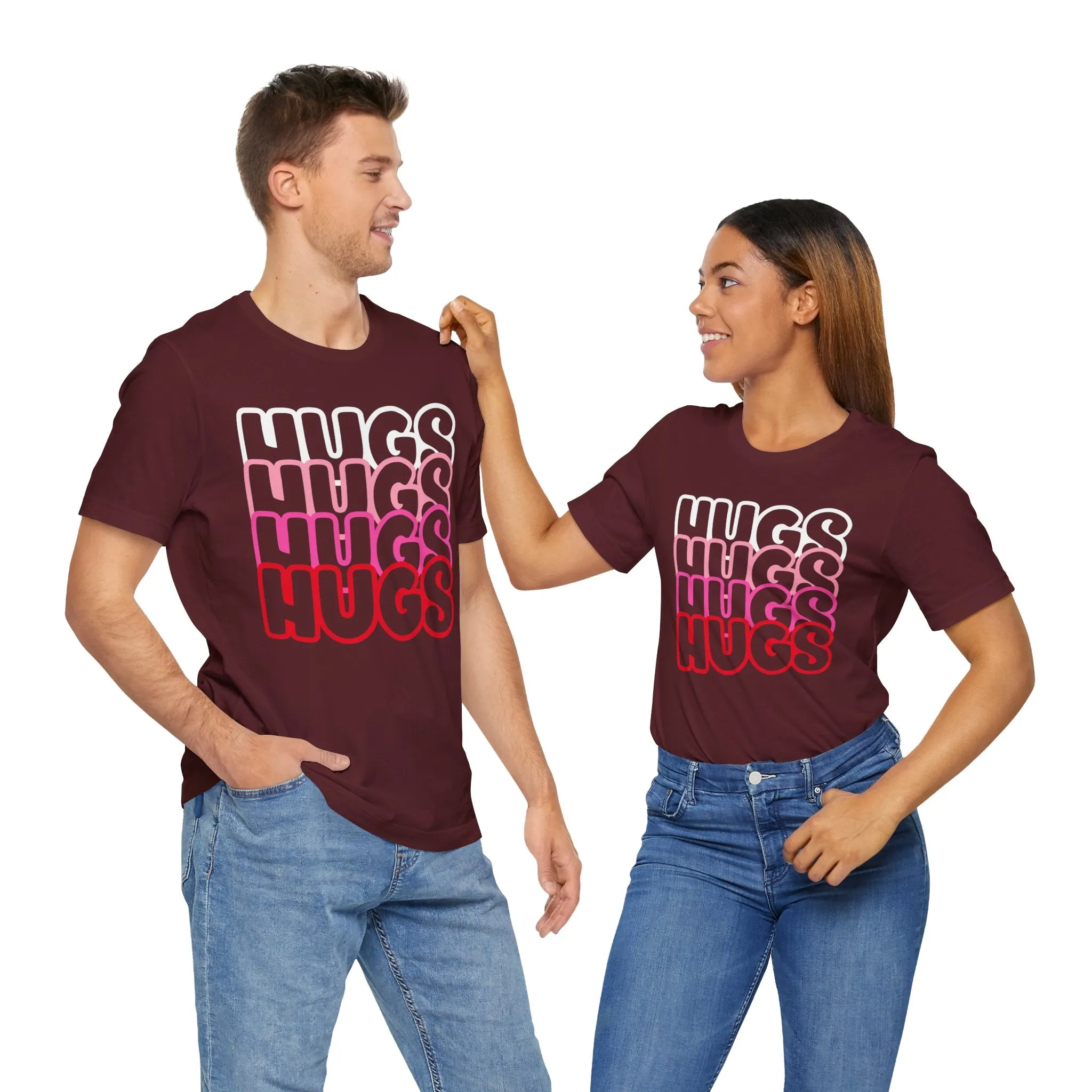 Hugs Repeat Tee, Red Pink Bold Outline Font T-Shirt, Heart Pattern Shirt, Valentine's Day Graphic Top, Unisex Jersey Short Sleeve Tee
