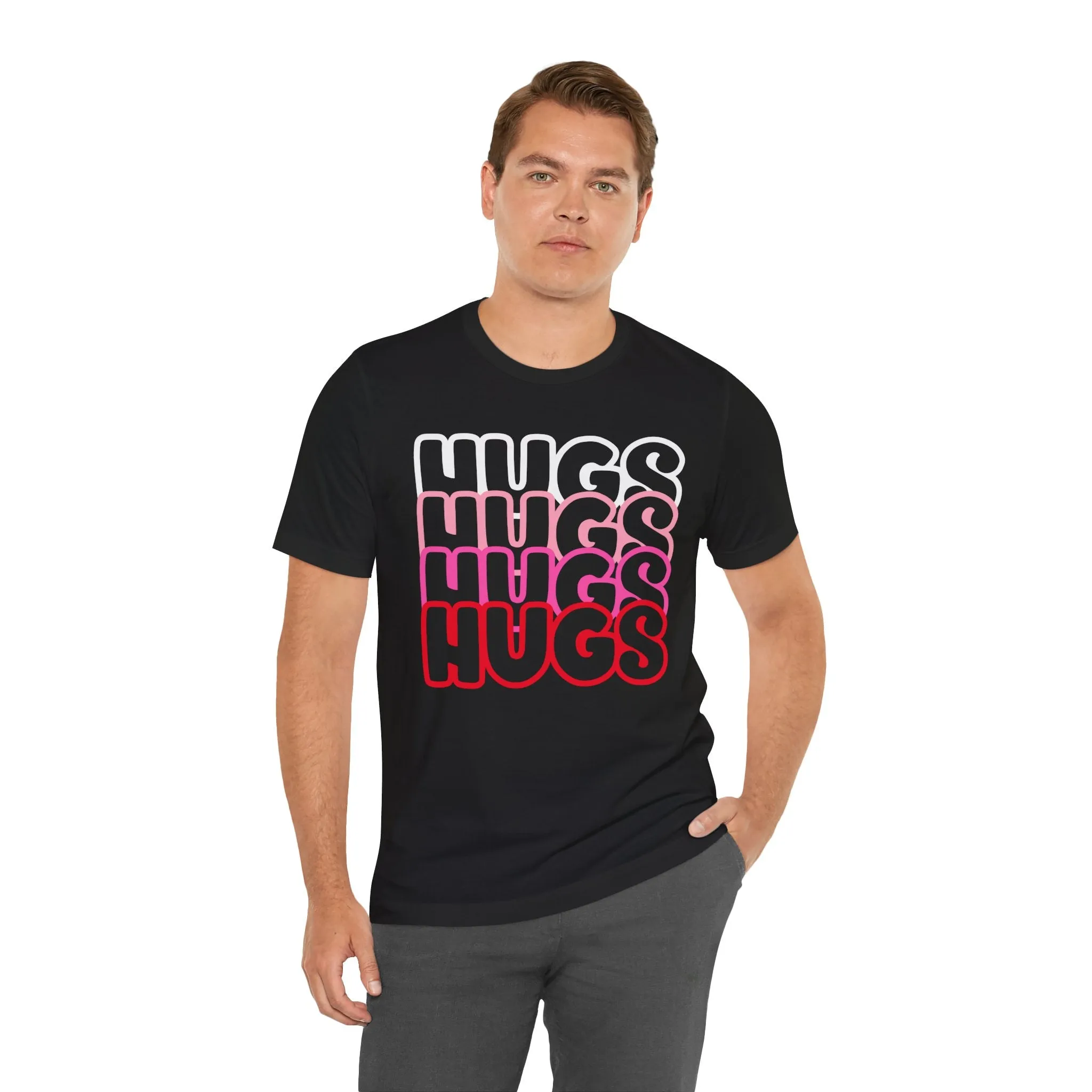 Hugs Repeat Tee, Red Pink Bold Outline Font T-Shirt, Heart Pattern Shirt, Valentine's Day Graphic Top, Unisex Jersey Short Sleeve Tee