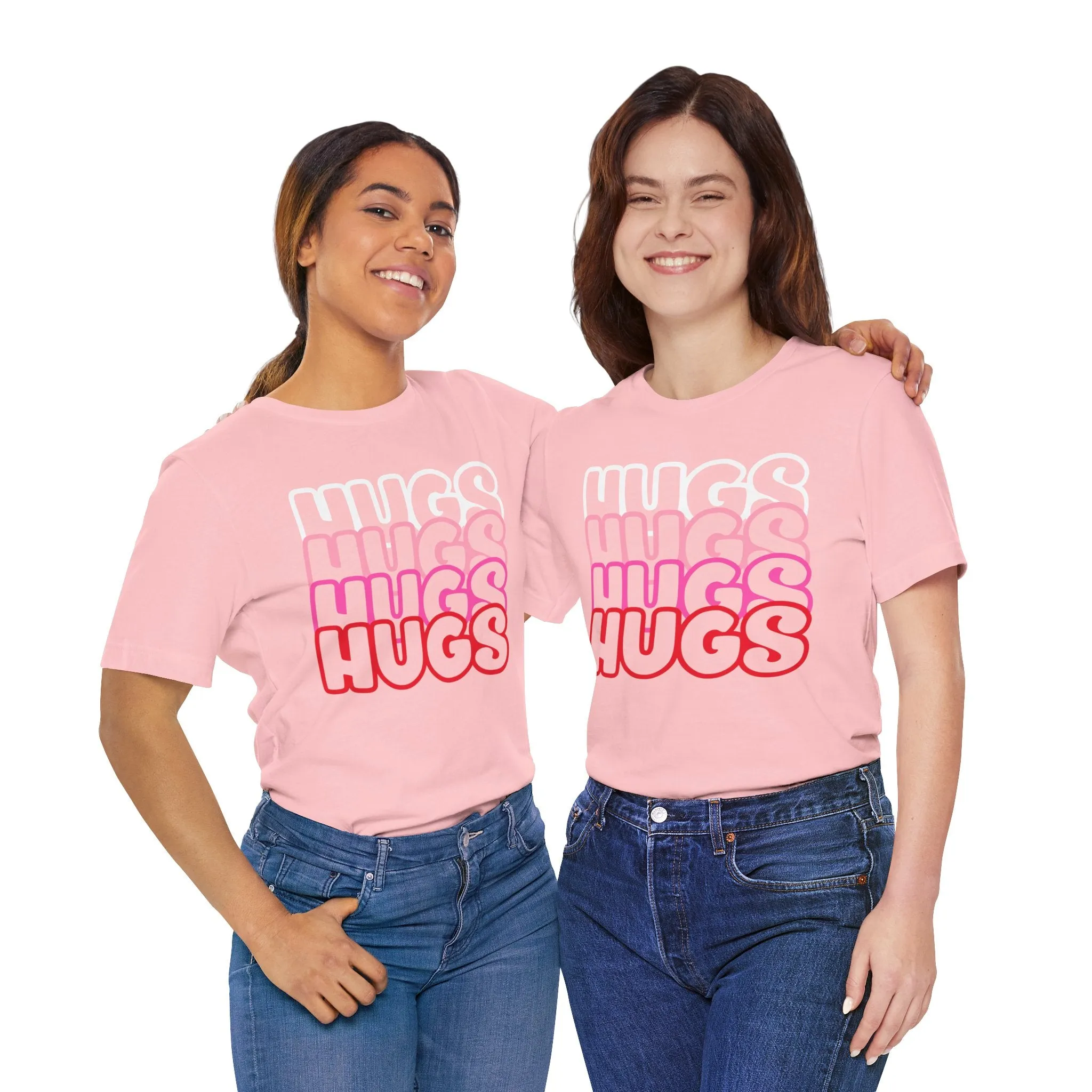 Hugs Repeat Tee, Red Pink Bold Outline Font T-Shirt, Heart Pattern Shirt, Valentine's Day Graphic Top, Unisex Jersey Short Sleeve Tee
