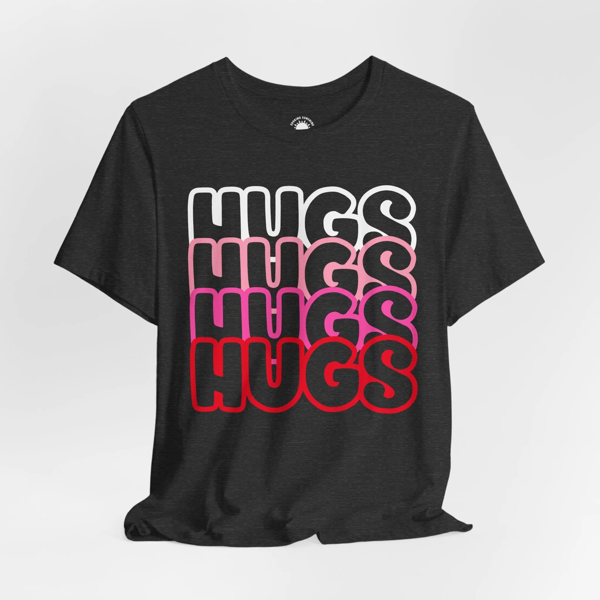 Hugs Repeat Tee, Red Pink Bold Outline Font T-Shirt, Heart Pattern Shirt, Valentine's Day Graphic Top, Unisex Jersey Short Sleeve Tee