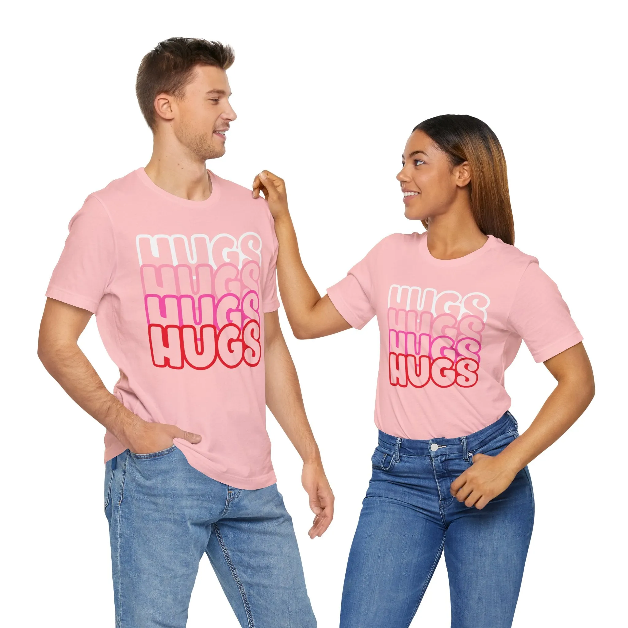 Hugs Repeat Tee, Red Pink Bold Outline Font T-Shirt, Heart Pattern Shirt, Valentine's Day Graphic Top, Unisex Jersey Short Sleeve Tee