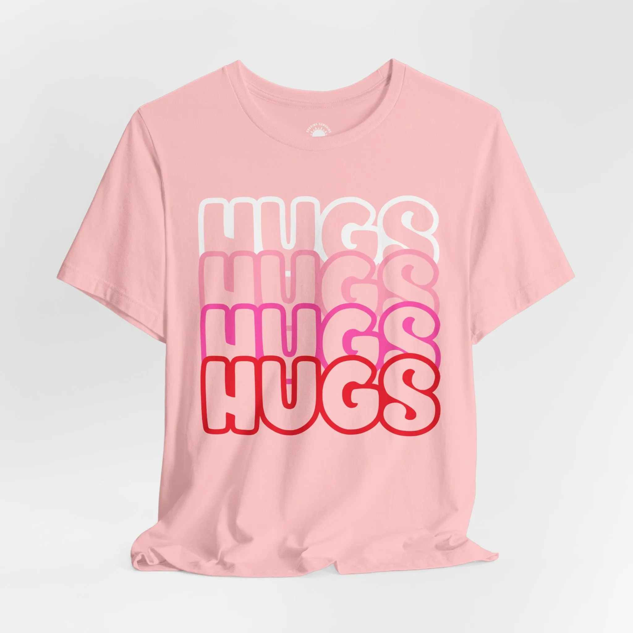 Hugs Repeat Tee, Red Pink Bold Outline Font T-Shirt, Heart Pattern Shirt, Valentine's Day Graphic Top, Unisex Jersey Short Sleeve Tee