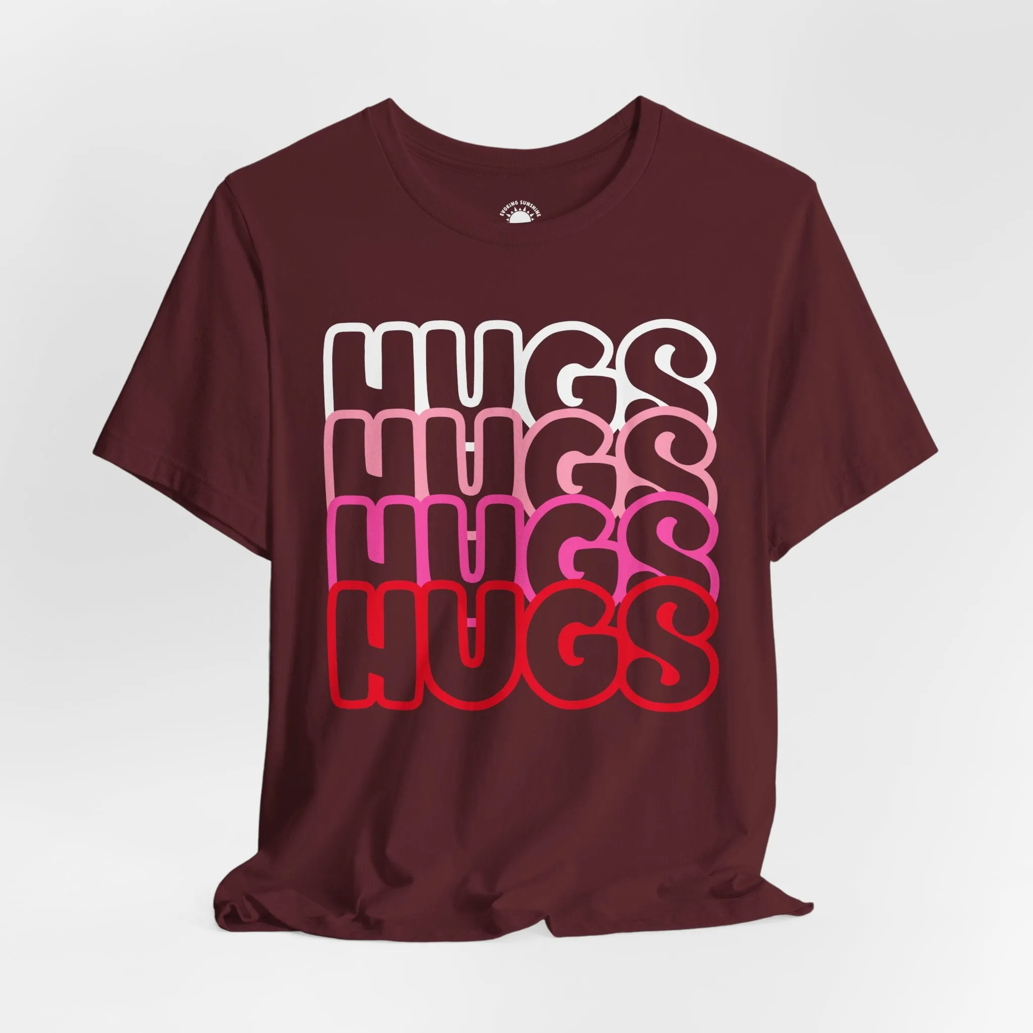 Hugs Repeat Tee, Red Pink Bold Outline Font T-Shirt, Heart Pattern Shirt, Valentine's Day Graphic Top, Unisex Jersey Short Sleeve Tee