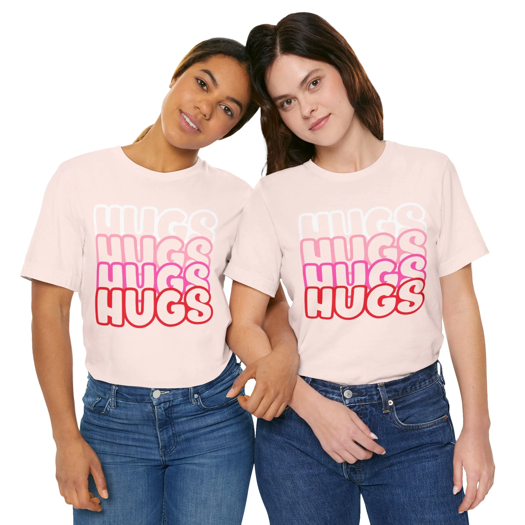 Hugs Repeat Tee, Red Pink Bold Outline Font T-Shirt, Heart Pattern Shirt, Valentine's Day Graphic Top, Unisex Jersey Short Sleeve Tee