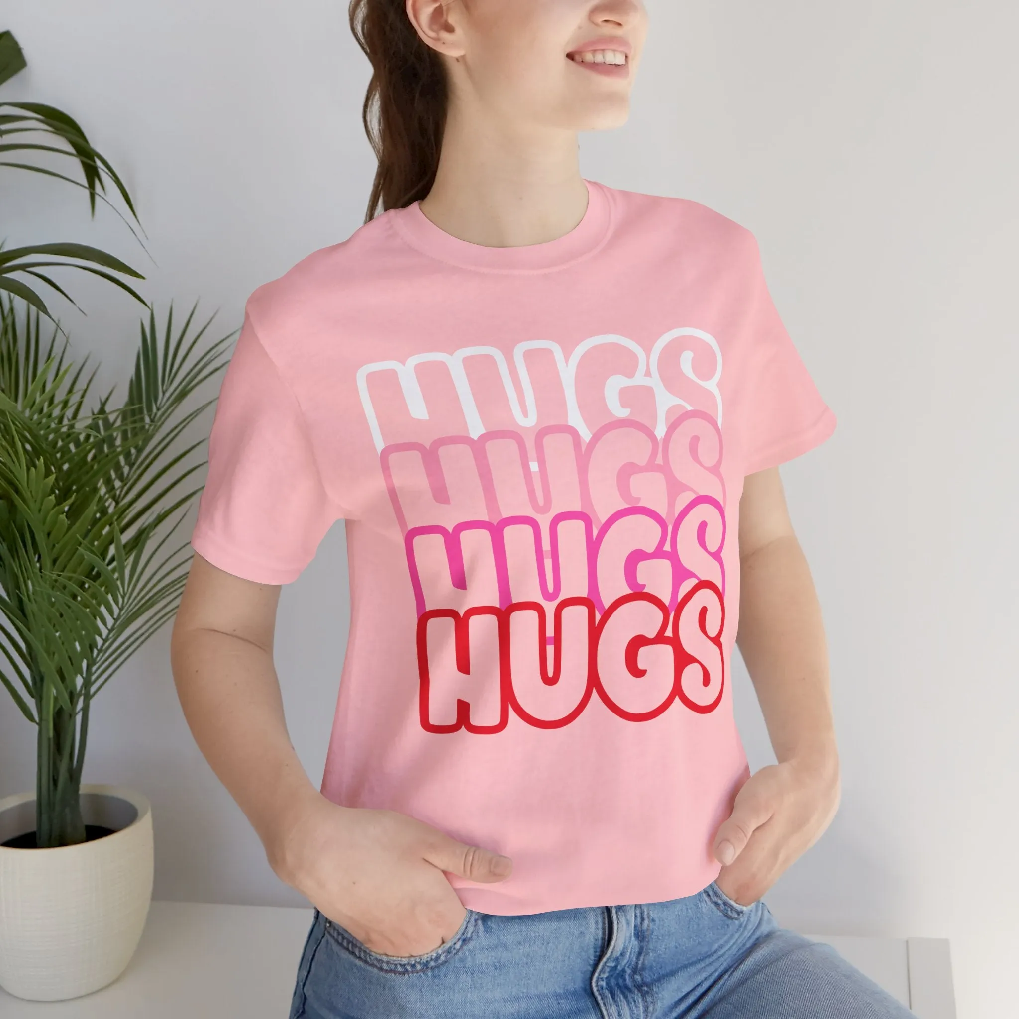 Hugs Repeat Tee, Red Pink Bold Outline Font T-Shirt, Heart Pattern Shirt, Valentine's Day Graphic Top, Unisex Jersey Short Sleeve Tee