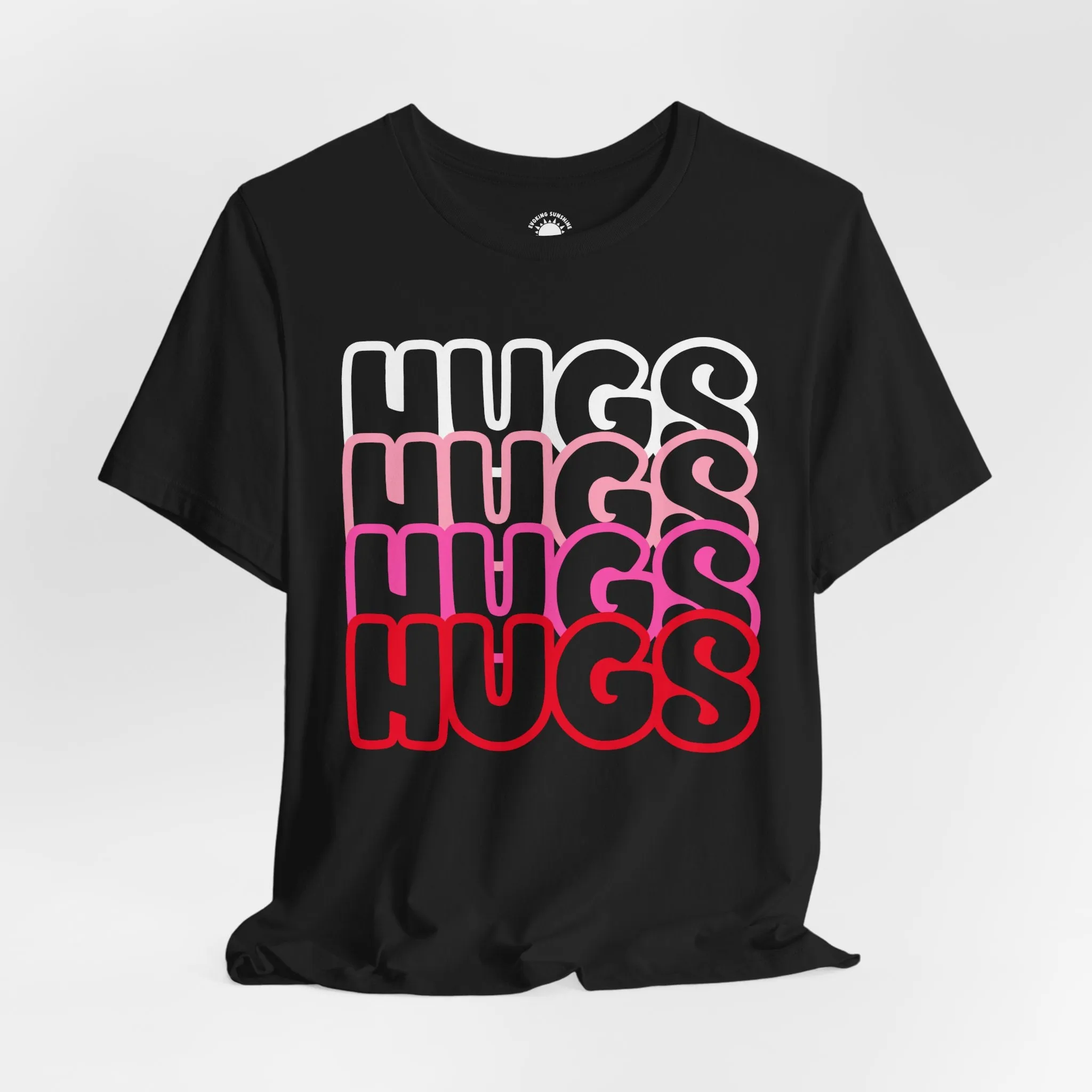 Hugs Repeat Tee, Red Pink Bold Outline Font T-Shirt, Heart Pattern Shirt, Valentine's Day Graphic Top, Unisex Jersey Short Sleeve Tee