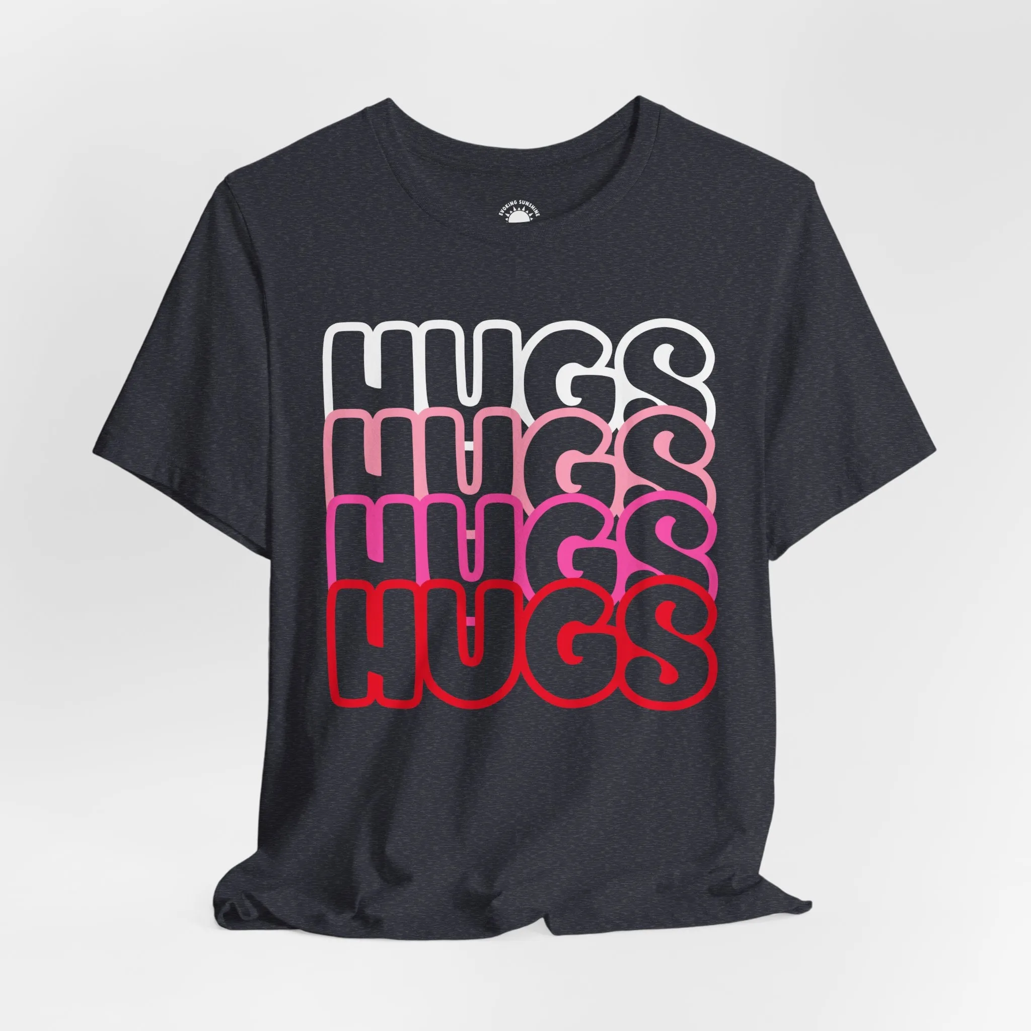 Hugs Repeat Tee, Red Pink Bold Outline Font T-Shirt, Heart Pattern Shirt, Valentine's Day Graphic Top, Unisex Jersey Short Sleeve Tee