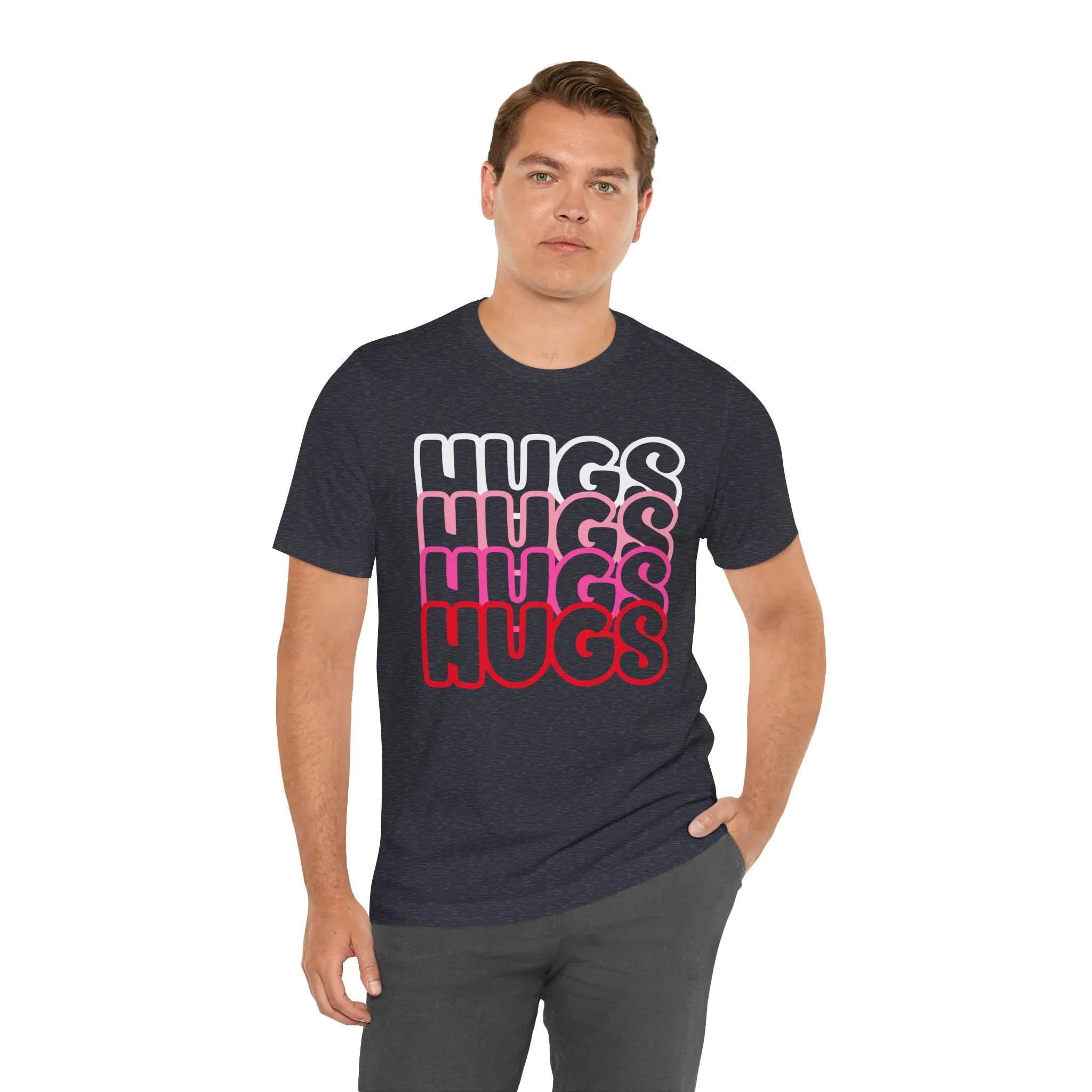 Hugs Repeat Tee, Red Pink Bold Outline Font T-Shirt, Heart Pattern Shirt, Valentine's Day Graphic Top, Unisex Jersey Short Sleeve Tee