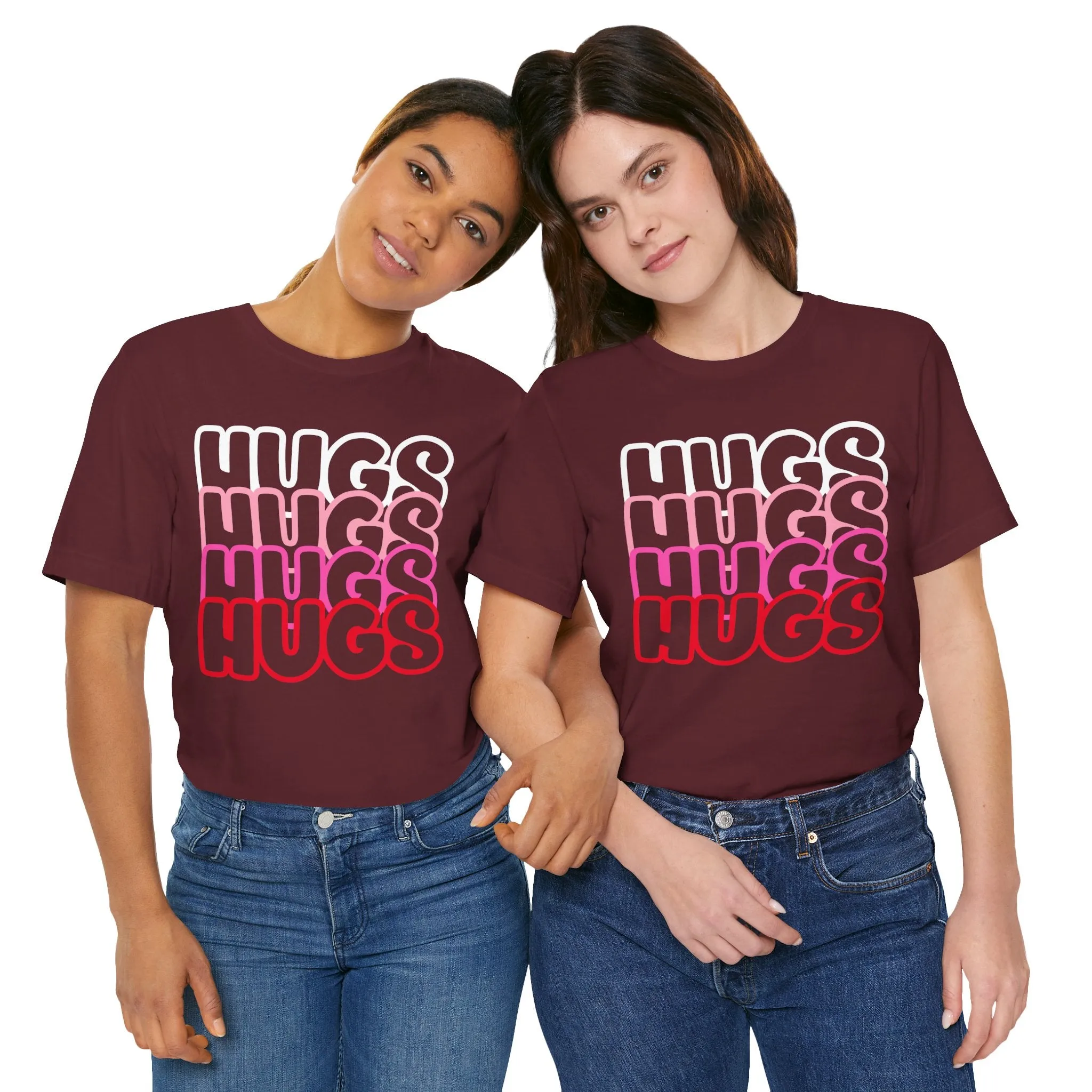 Hugs Repeat Tee, Red Pink Bold Outline Font T-Shirt, Heart Pattern Shirt, Valentine's Day Graphic Top, Unisex Jersey Short Sleeve Tee