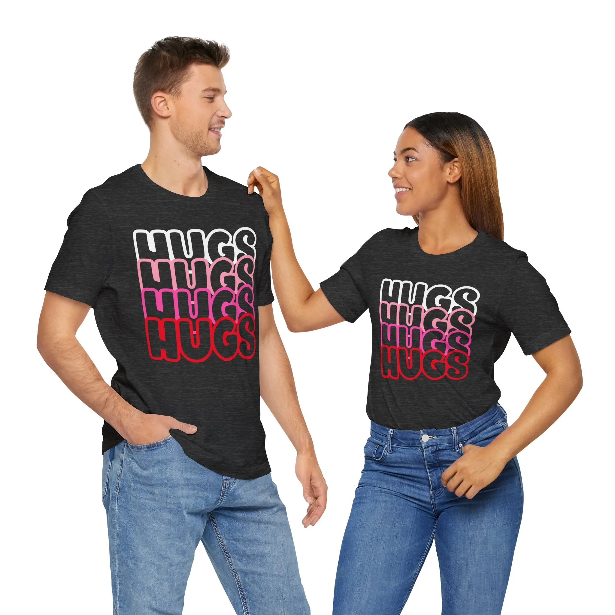 Hugs Repeat Tee, Red Pink Bold Outline Font T-Shirt, Heart Pattern Shirt, Valentine's Day Graphic Top, Unisex Jersey Short Sleeve Tee