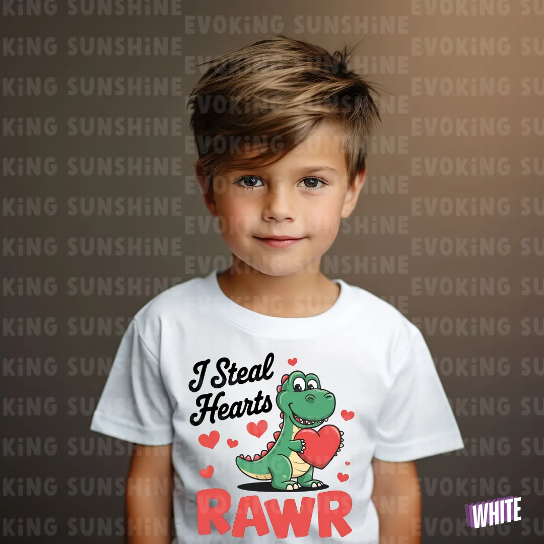 I Steal Hearts Kids Tee, Dinosaur Shirt, Cute Dino Children's T-Shirt, Heart Graphic Youth Top, Valentine's Shirt, RAWR shirt
