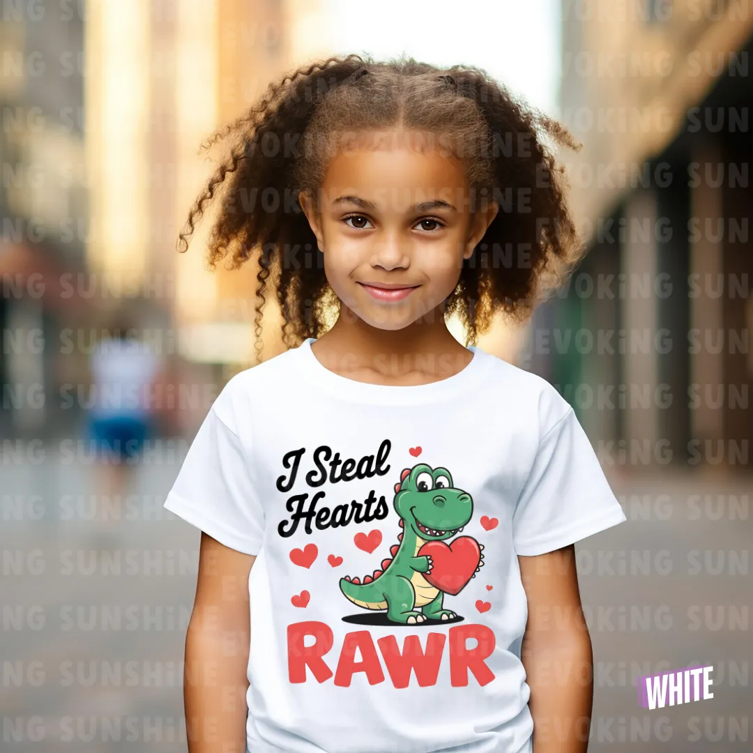I Steal Hearts Kids Tee, Dinosaur Shirt, Cute Dino Children's T-Shirt, Heart Graphic Youth Top, Valentine's Shirt, RAWR shirt
