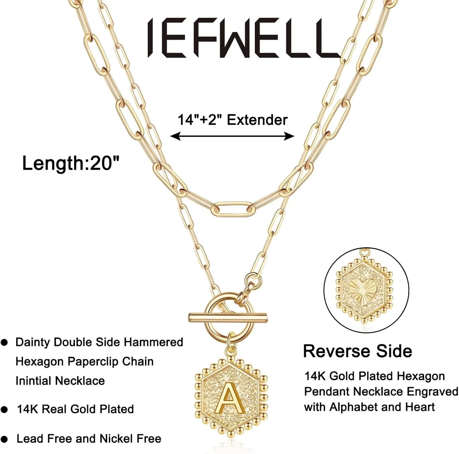 IEFWELL Layered Gold Necklaces for Women - 14K Gold Plated Silver Rose Gold Paperclip Chain Necklace Initial Necklaces for Women Toggle Clasp Layered Necklace Jewelry
