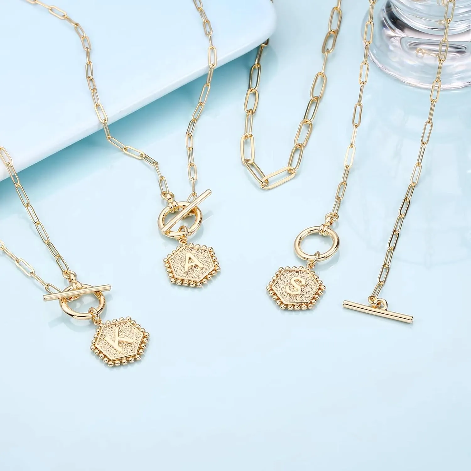 IEFWELL Layered Gold Necklaces for Women - 14K Gold Plated Silver Rose Gold Paperclip Chain Necklace Initial Necklaces for Women Toggle Clasp Layered Necklace Jewelry